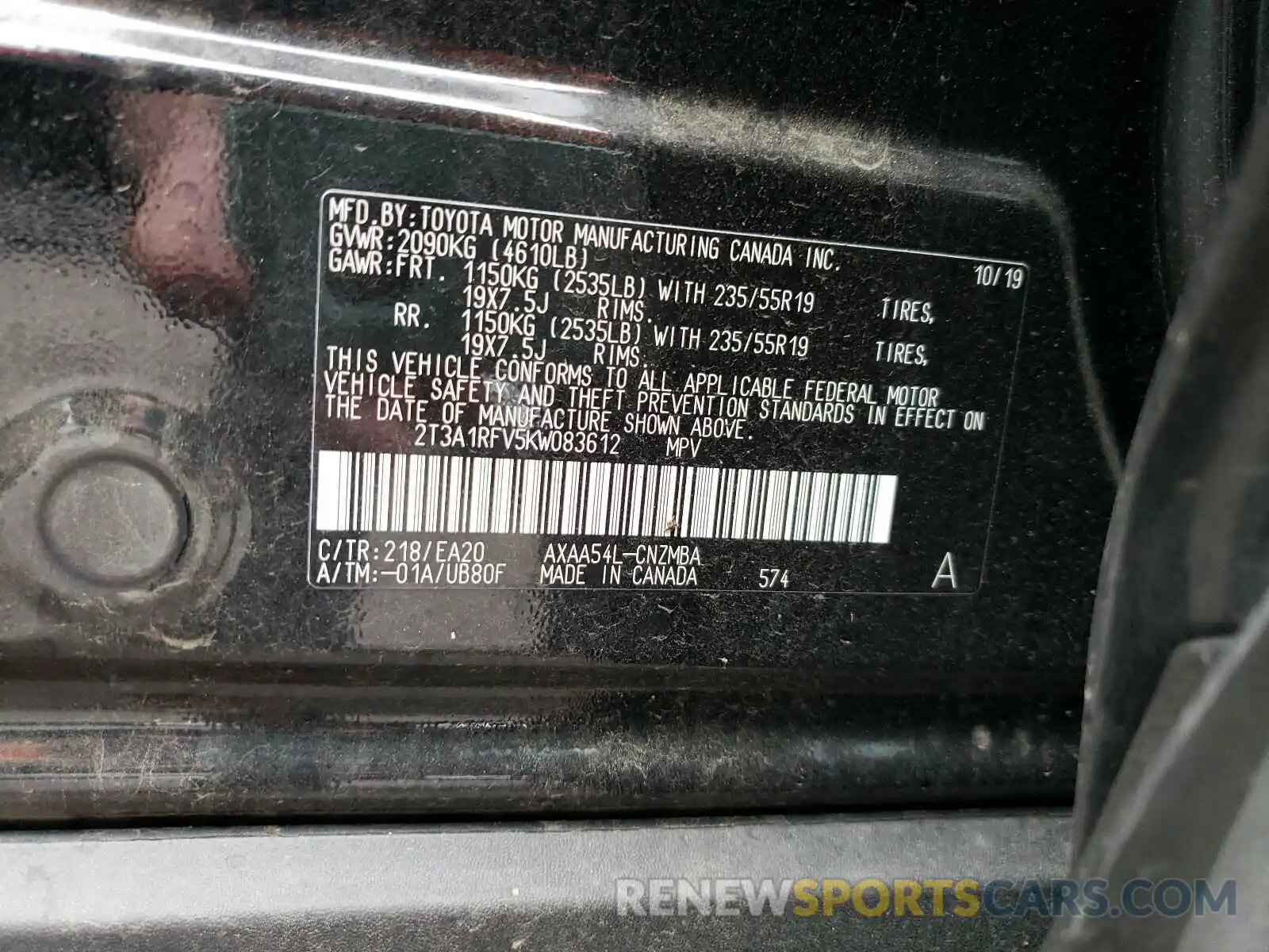 10 Photograph of a damaged car 2T3A1RFV5KW083612 TOYOTA RAV4 2019