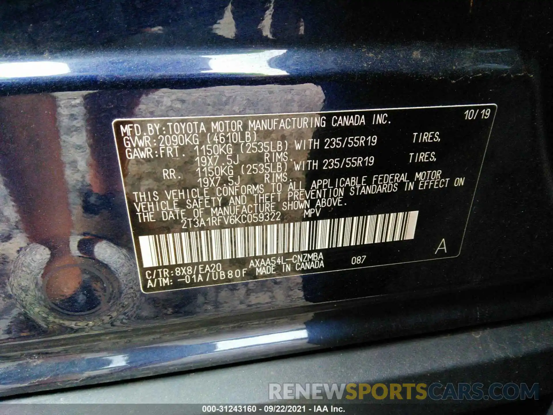 9 Фотография поврежденного автомобиля 2T3A1RFV6KC059322 TOYOTA RAV4 2019