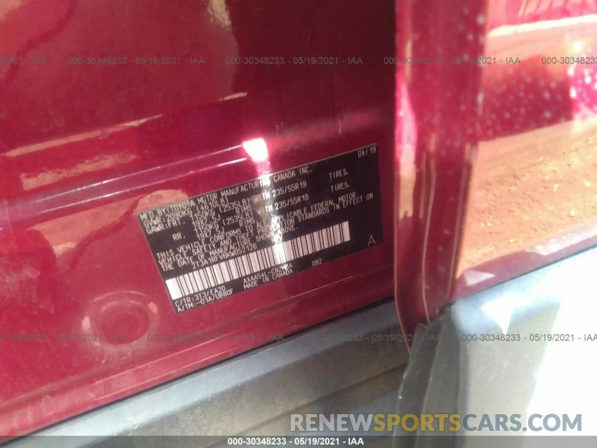 9 Photograph of a damaged car 2T3A1RFV6KW052126 TOYOTA RAV4 2019