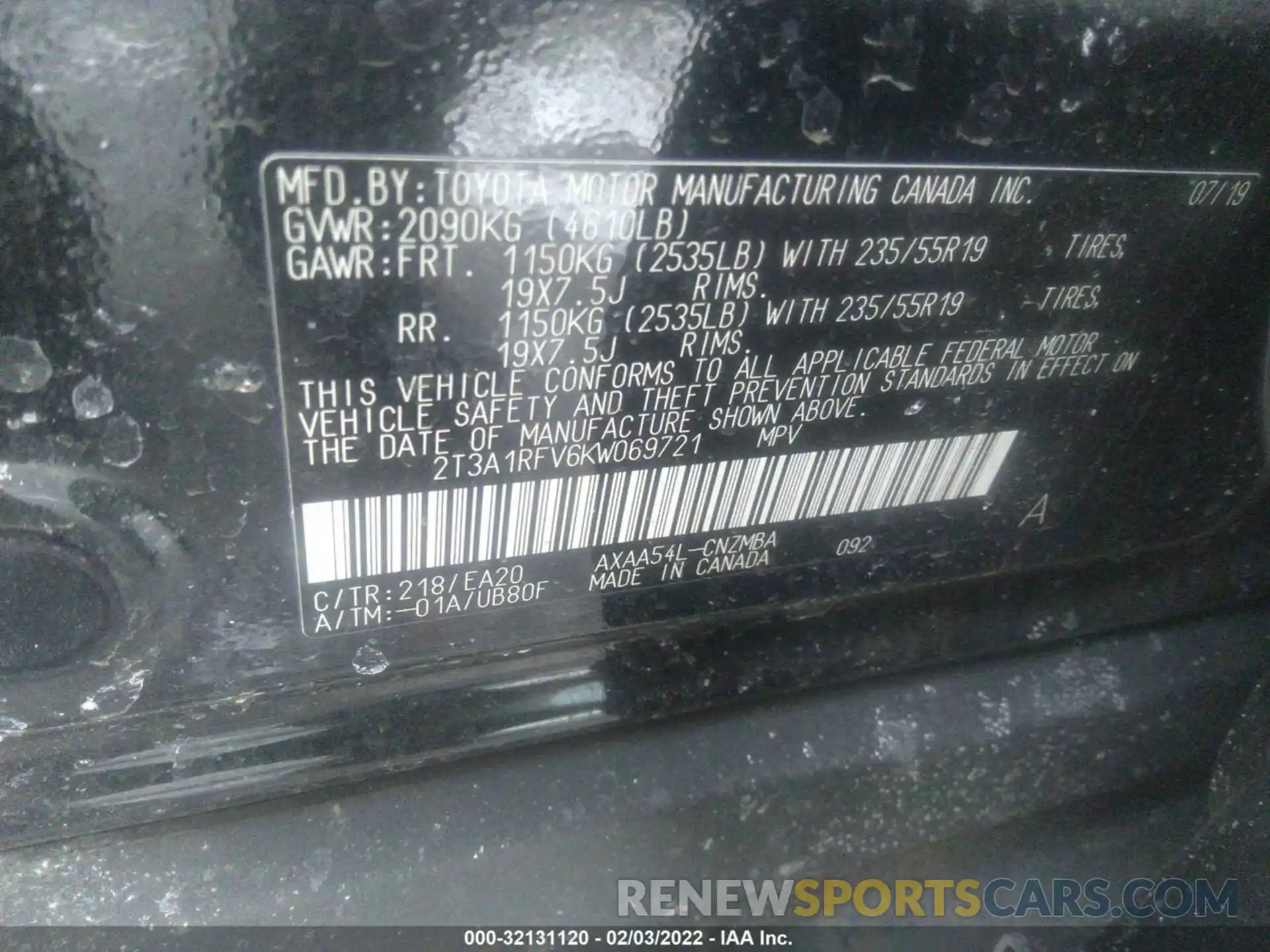 9 Фотография поврежденного автомобиля 2T3A1RFV6KW069721 TOYOTA RAV4 2019