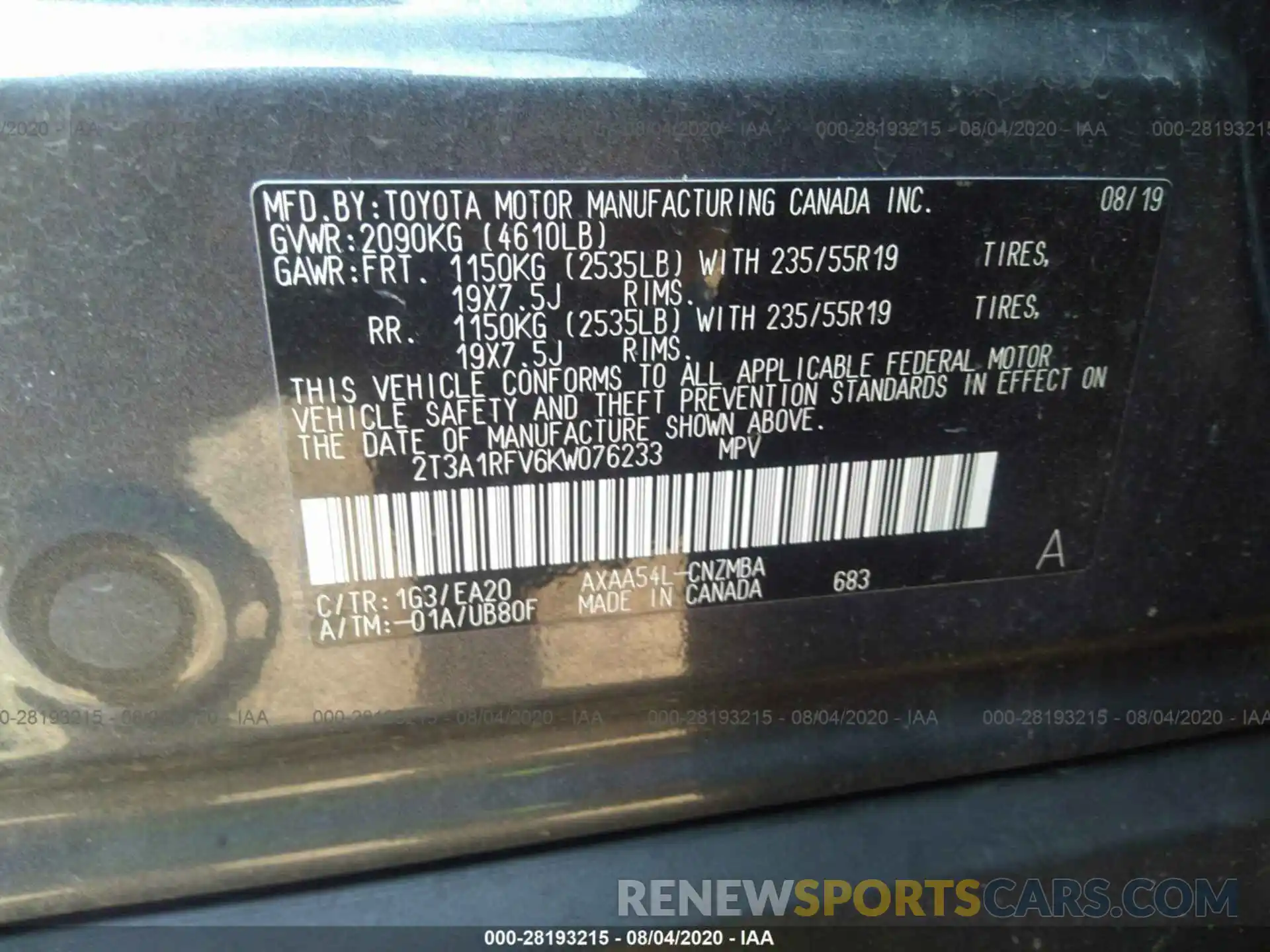 9 Фотография поврежденного автомобиля 2T3A1RFV6KW076233 TOYOTA RAV4 2019