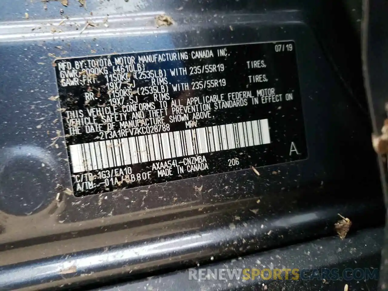 10 Photograph of a damaged car 2T3A1RFV7KC028788 TOYOTA RAV4 2019