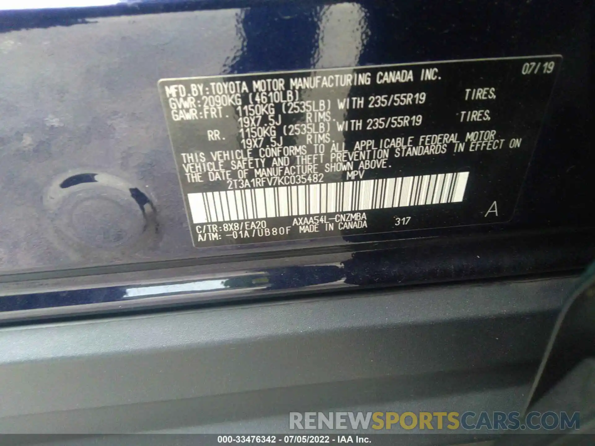 9 Photograph of a damaged car 2T3A1RFV7KC035482 TOYOTA RAV4 2019