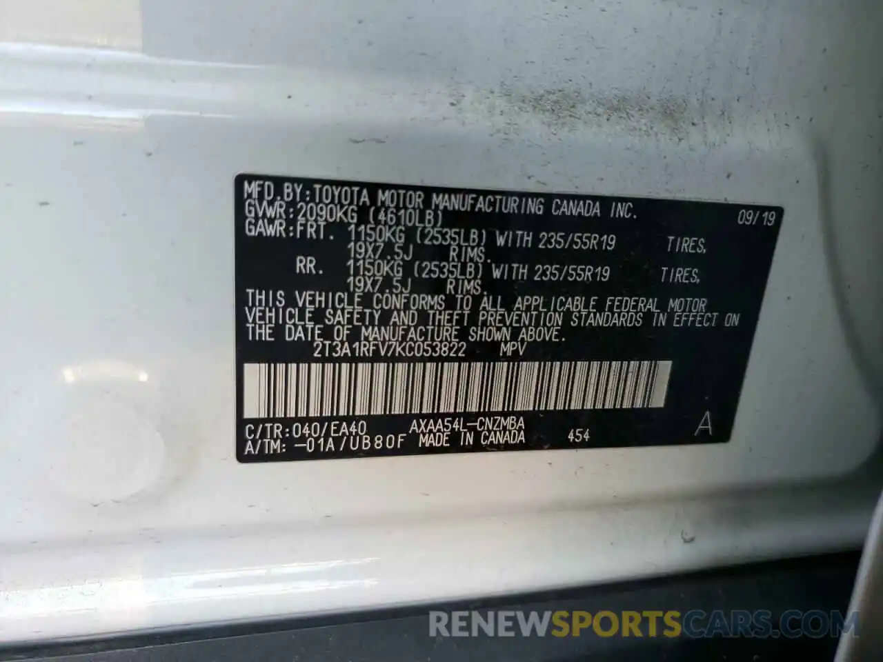 10 Photograph of a damaged car 2T3A1RFV7KC053822 TOYOTA RAV4 2019