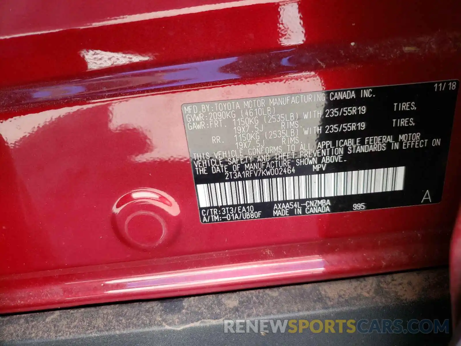 10 Photograph of a damaged car 2T3A1RFV7KW002464 TOYOTA RAV4 2019