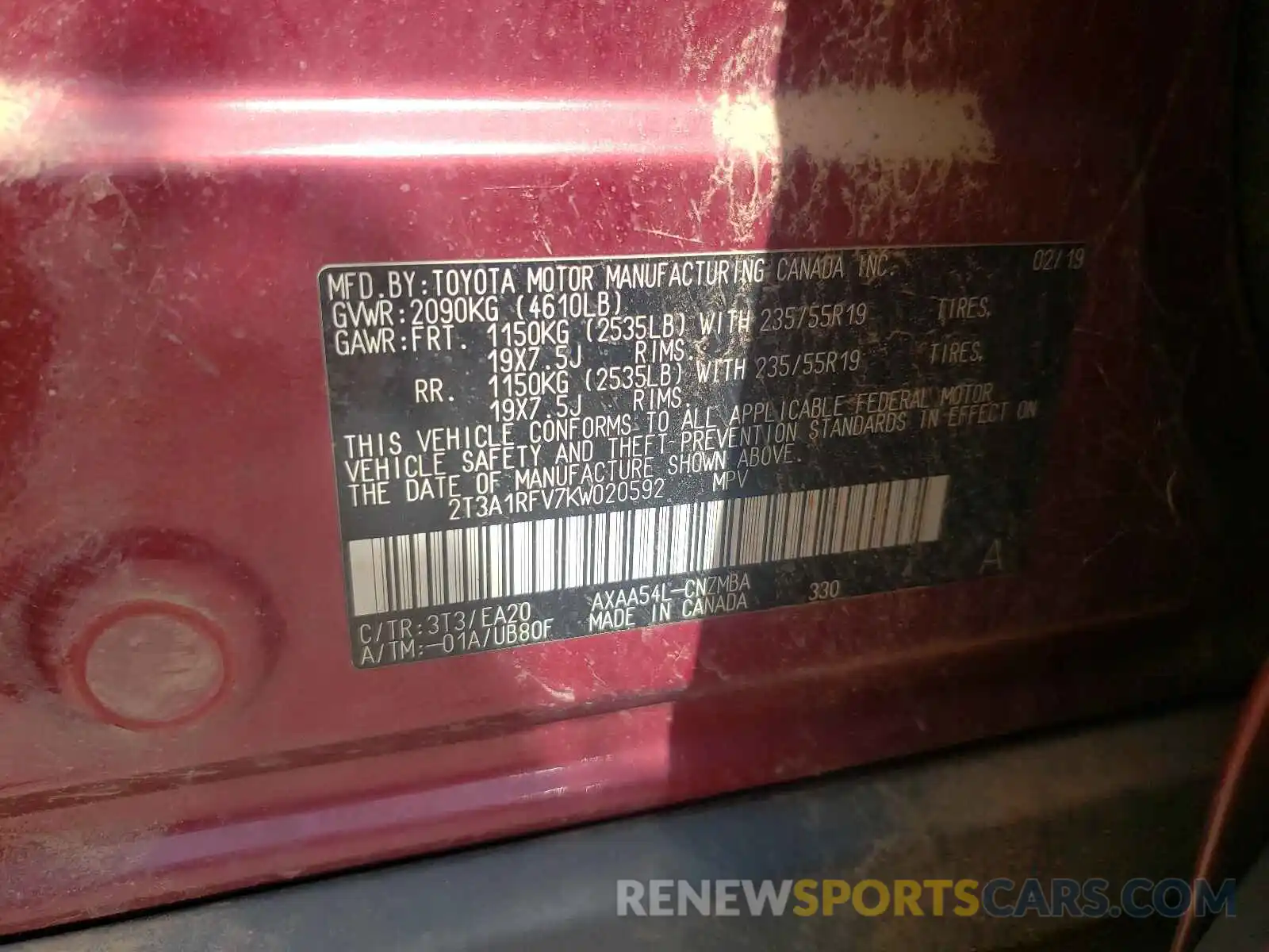 10 Photograph of a damaged car 2T3A1RFV7KW020592 TOYOTA RAV4 2019