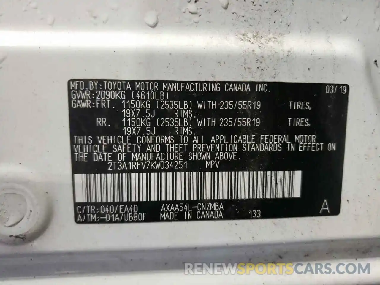 10 Photograph of a damaged car 2T3A1RFV7KW034251 TOYOTA RAV4 2019