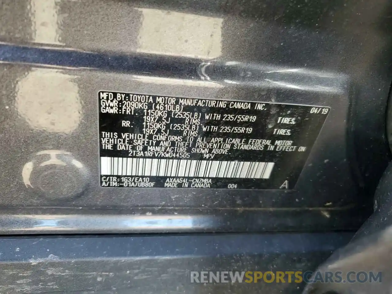 13 Photograph of a damaged car 2T3A1RFV7KW044505 TOYOTA RAV4 2019