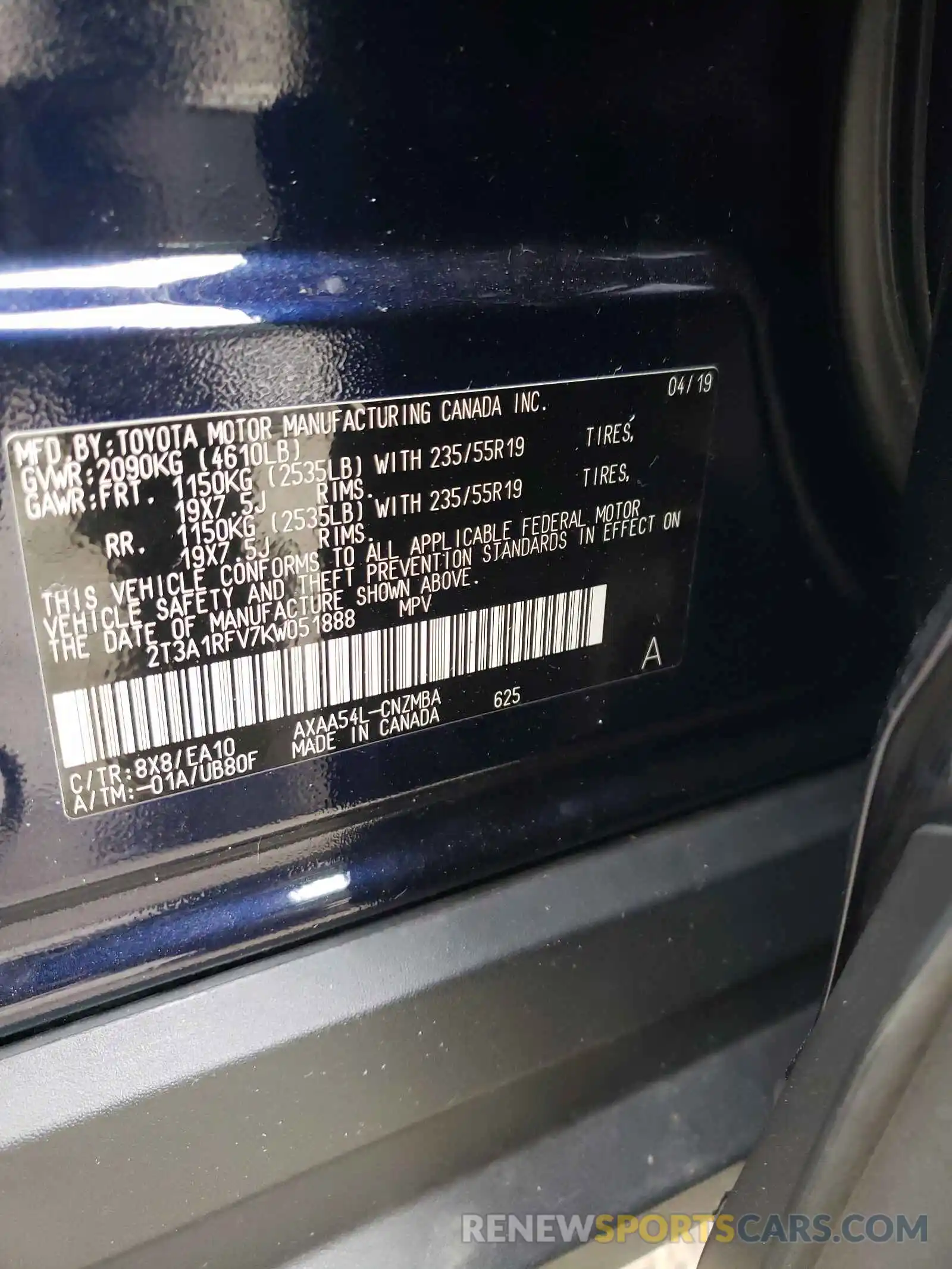 10 Photograph of a damaged car 2T3A1RFV7KW051888 TOYOTA RAV4 2019