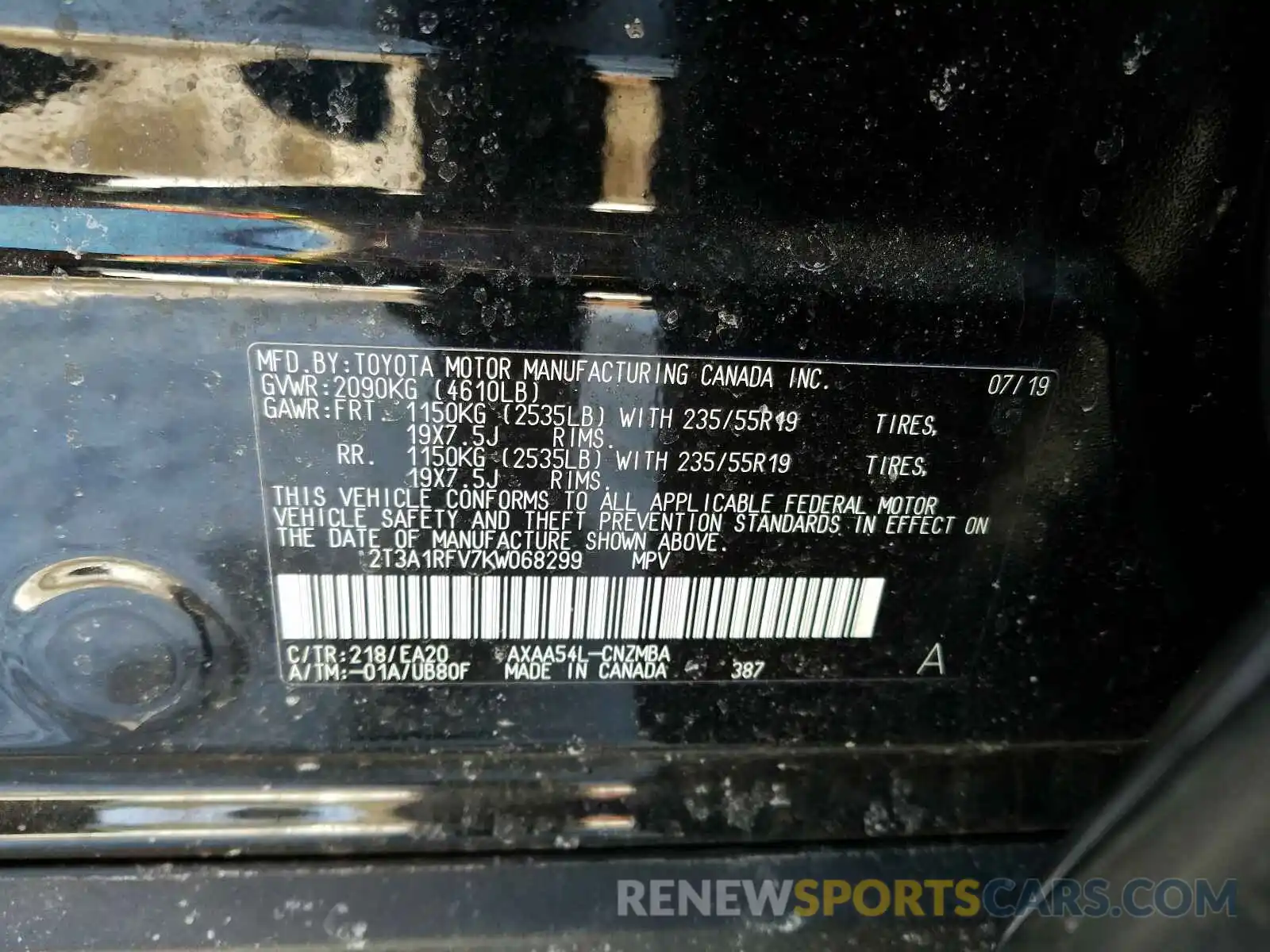 10 Photograph of a damaged car 2T3A1RFV7KW068299 TOYOTA RAV4 2019