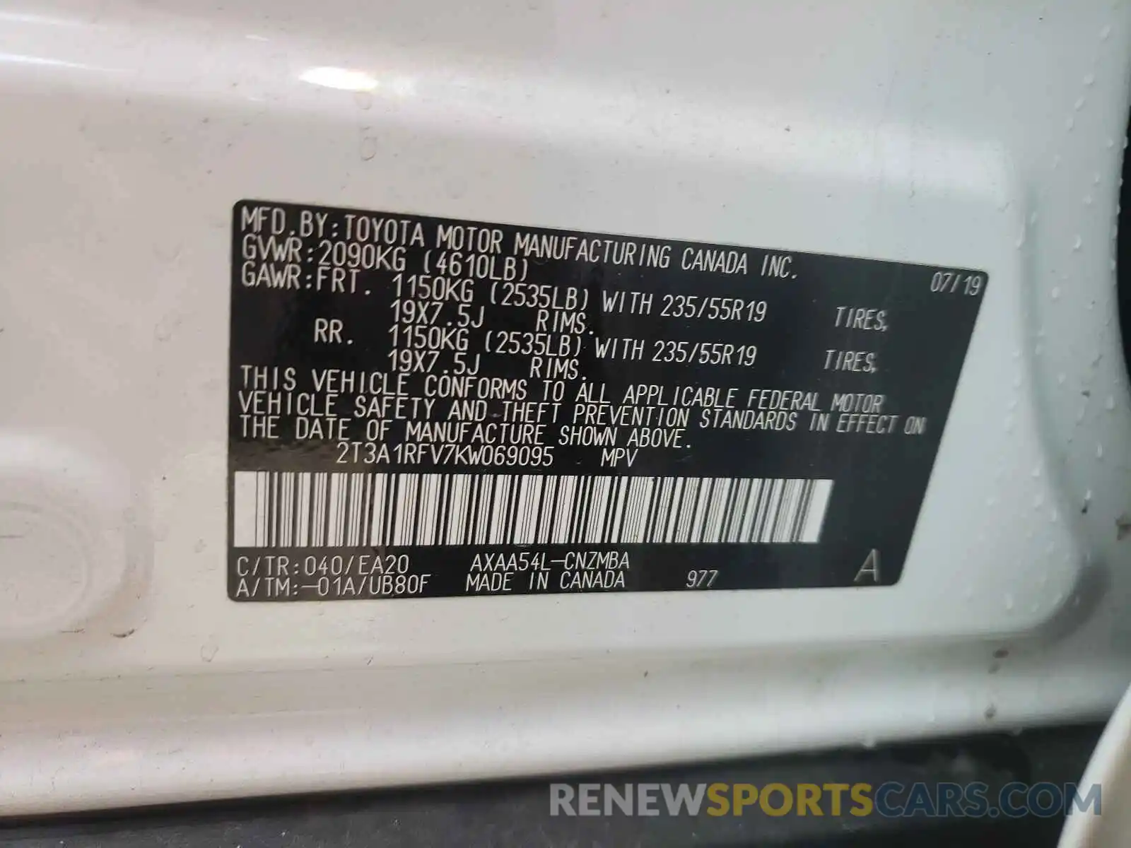 10 Photograph of a damaged car 2T3A1RFV7KW069095 TOYOTA RAV4 2019