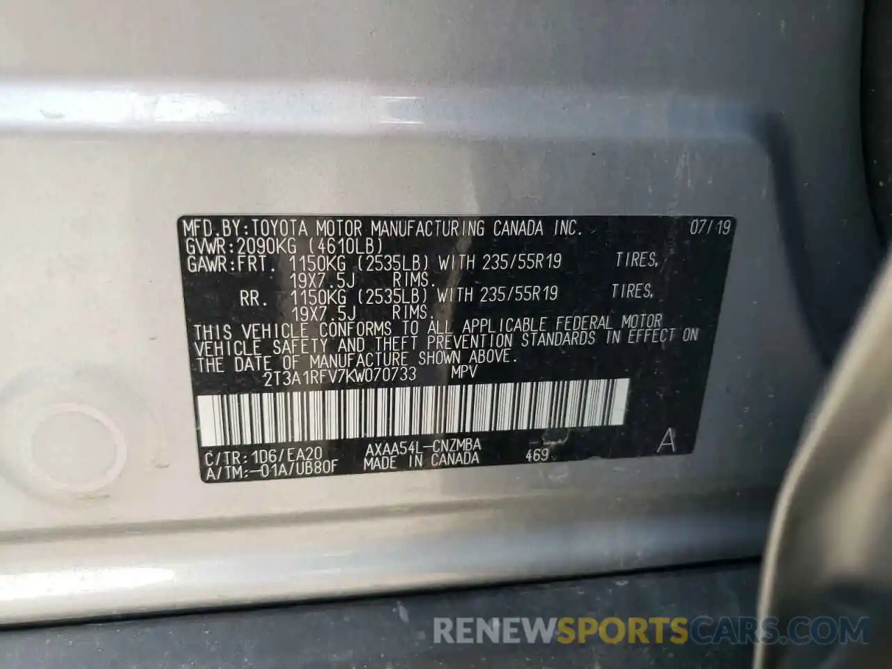 10 Фотография поврежденного автомобиля 2T3A1RFV7KW070733 TOYOTA RAV4 2019