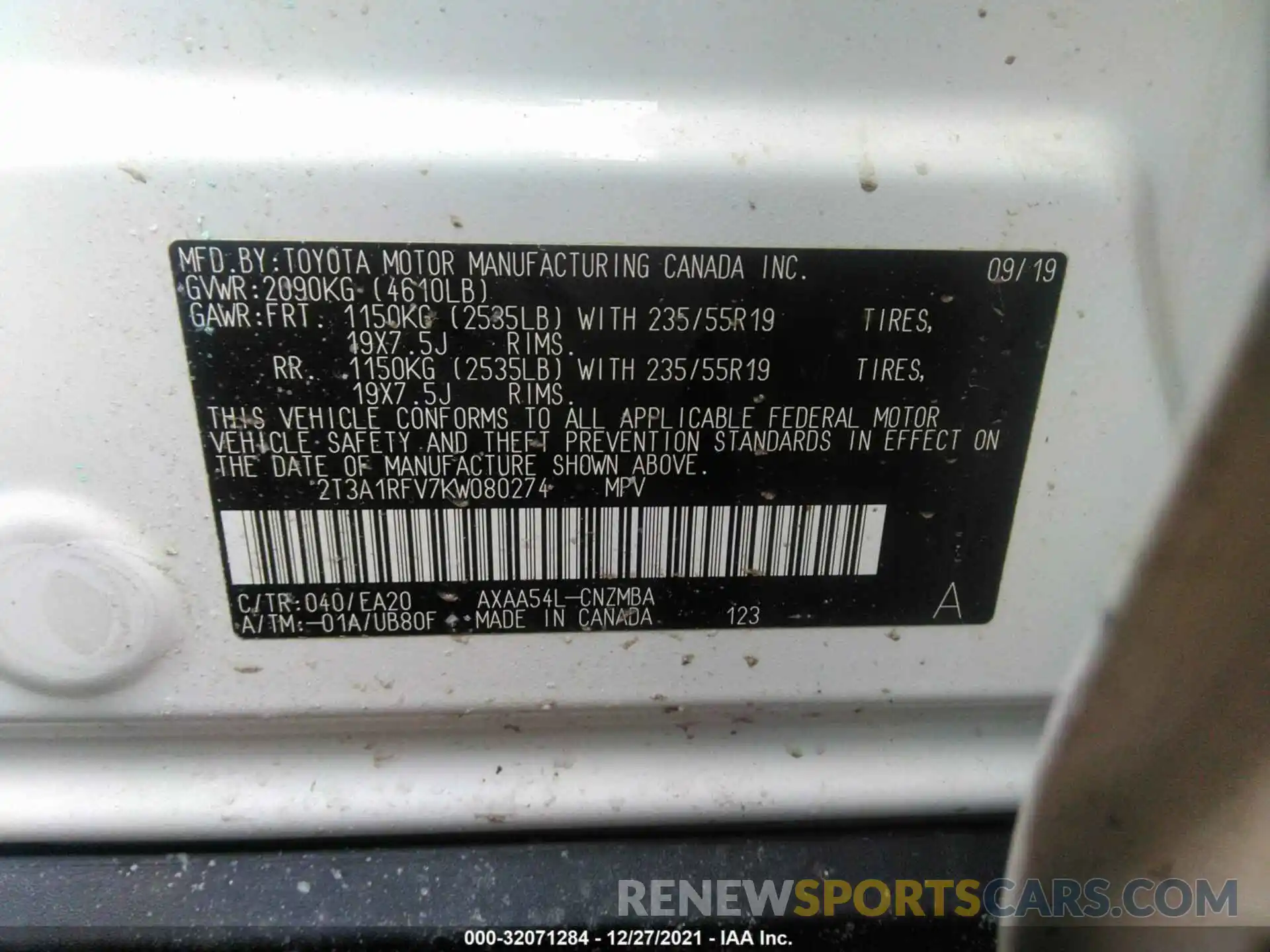 9 Фотография поврежденного автомобиля 2T3A1RFV7KW080274 TOYOTA RAV4 2019