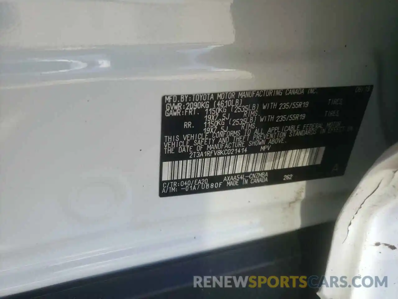 10 Photograph of a damaged car 2T3A1RFV8KC021414 TOYOTA RAV4 2019