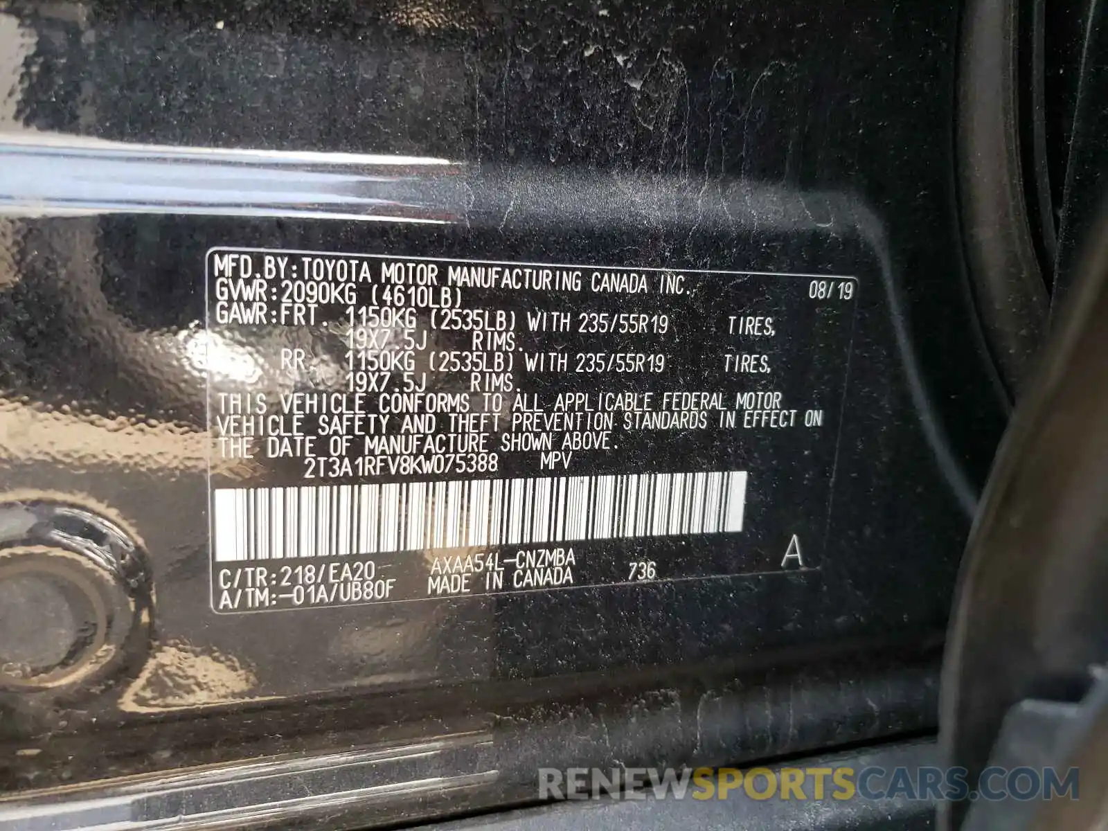 10 Photograph of a damaged car 2T3A1RFV8KW075388 TOYOTA RAV4 2019