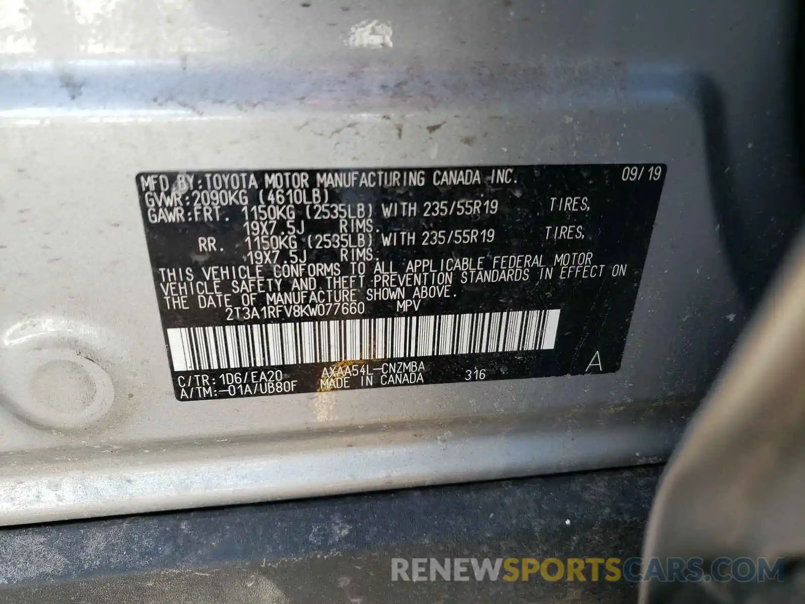 10 Photograph of a damaged car 2T3A1RFV8KW077660 TOYOTA RAV4 2019