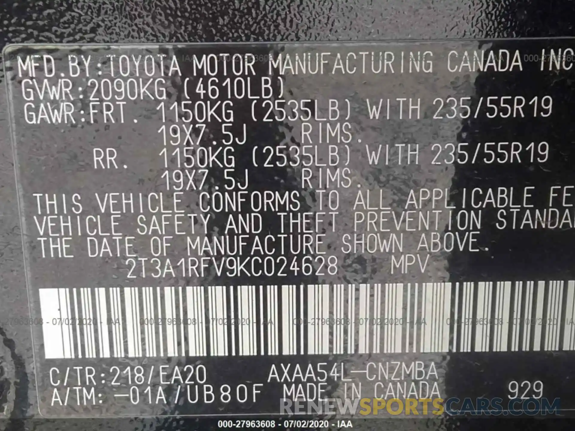 9 Фотография поврежденного автомобиля 2T3A1RFV9KC024628 TOYOTA RAV4 2019