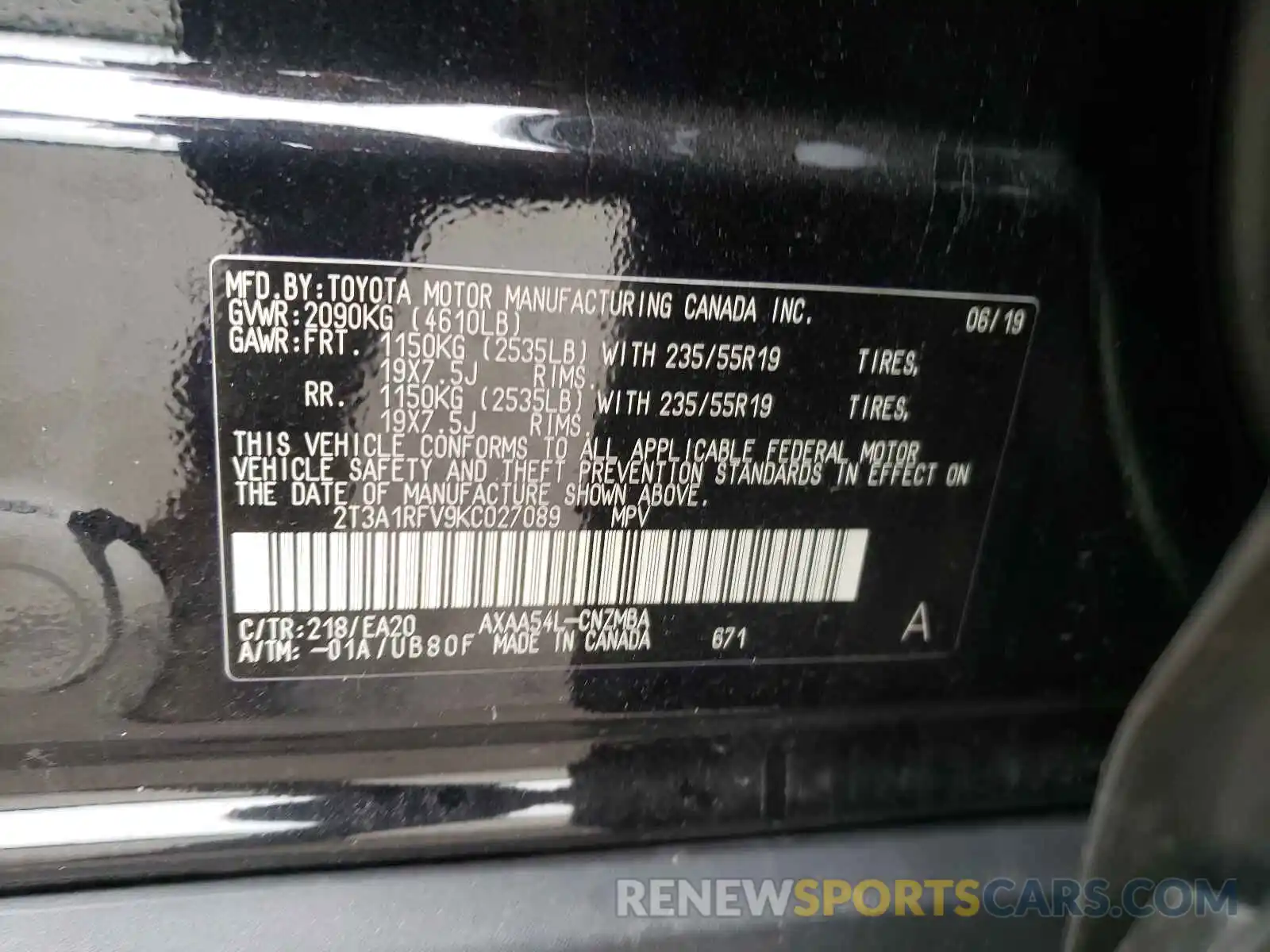 10 Photograph of a damaged car 2T3A1RFV9KC027089 TOYOTA RAV4 2019