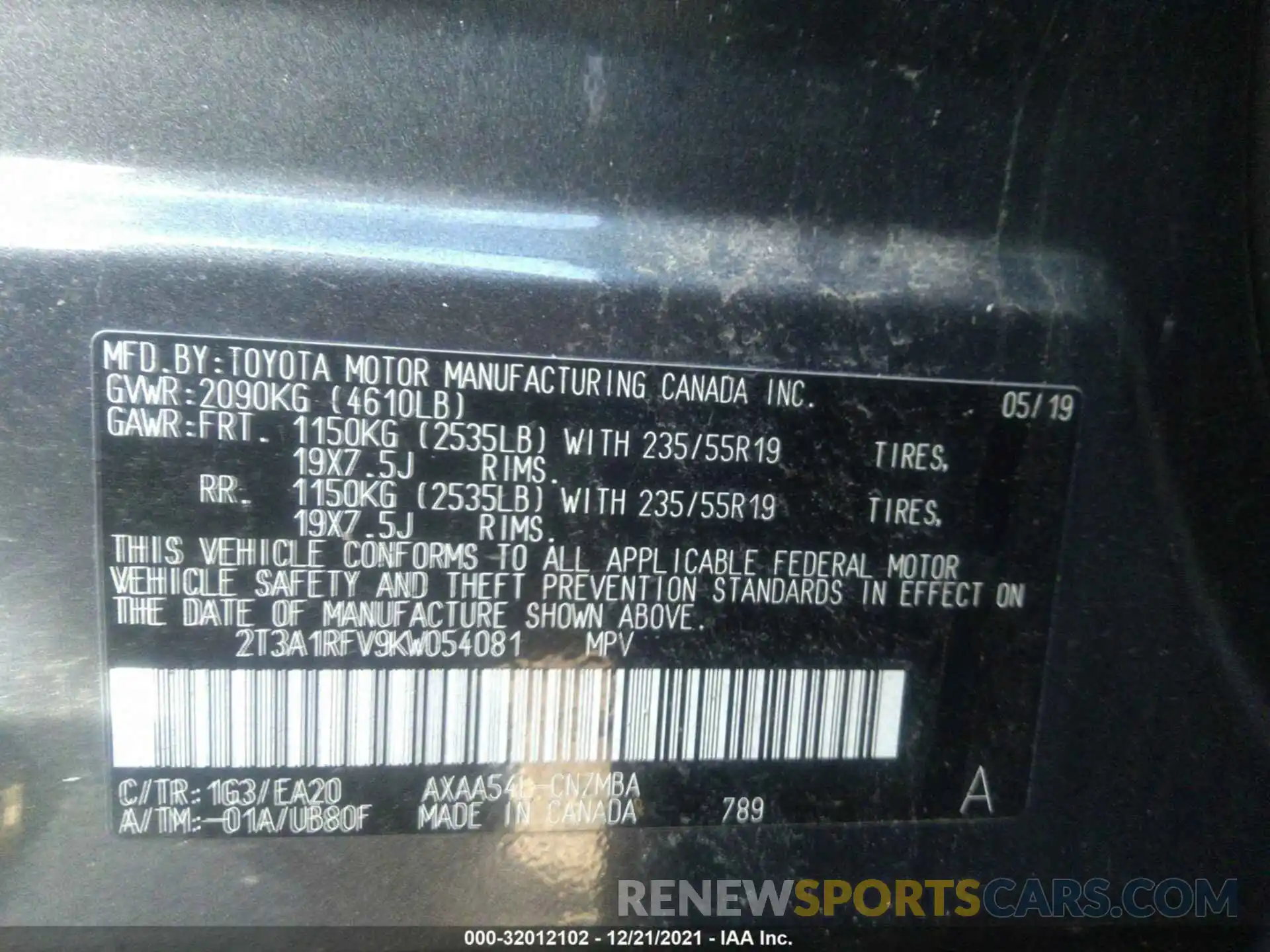 9 Фотография поврежденного автомобиля 2T3A1RFV9KW054081 TOYOTA RAV4 2019