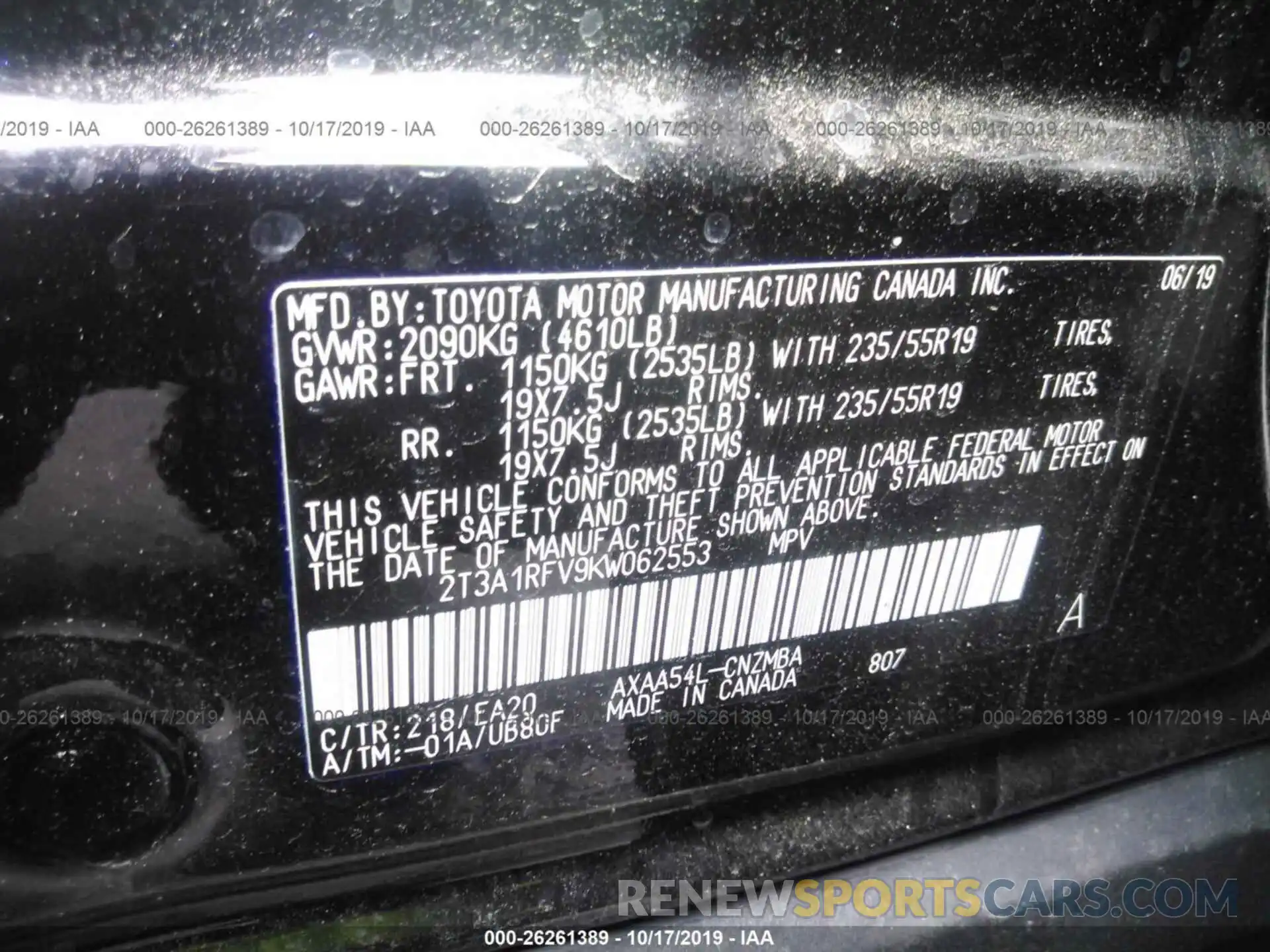 9 Photograph of a damaged car 2T3A1RFV9KW062553 TOYOTA RAV4 2019