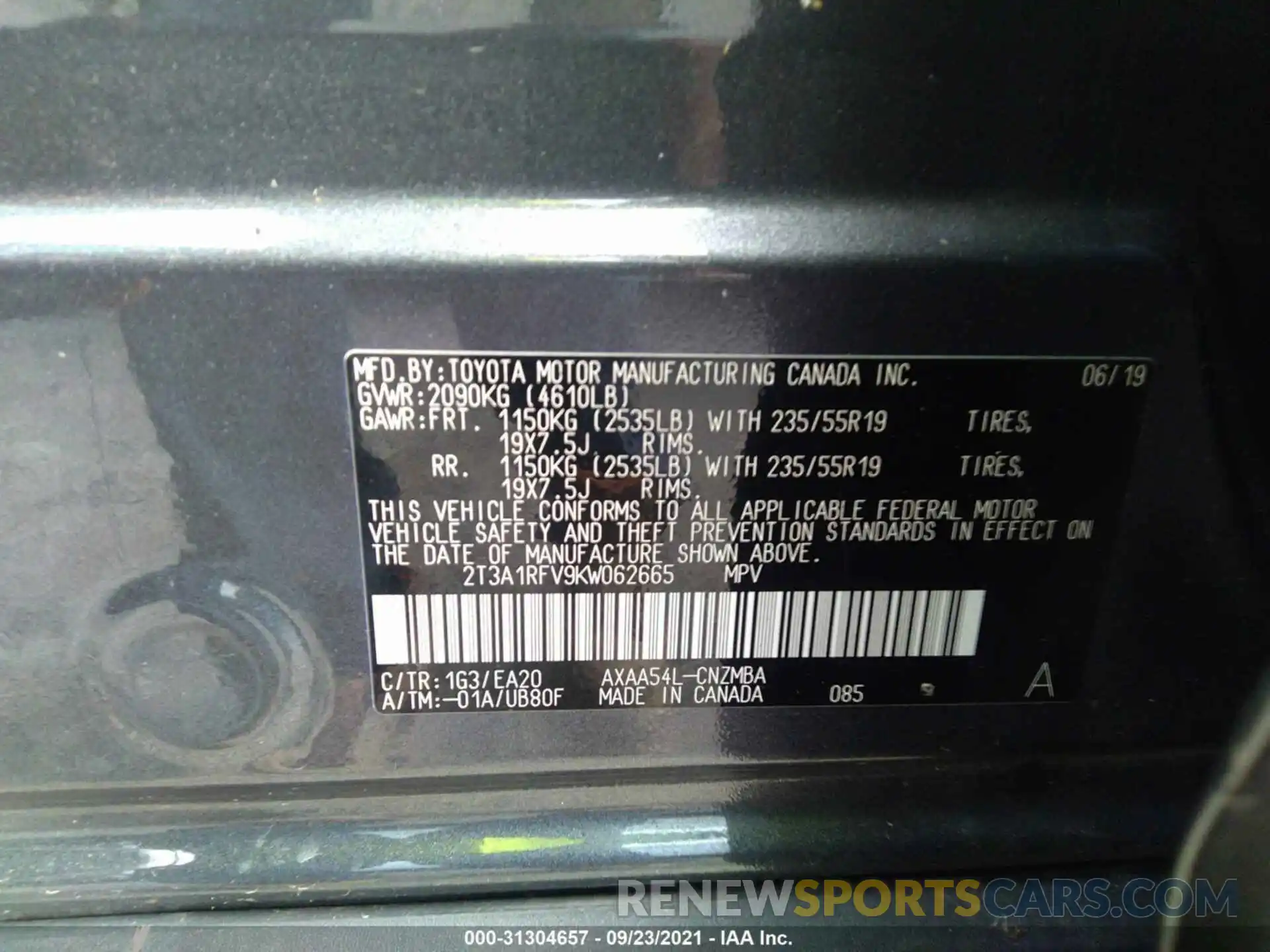 9 Фотография поврежденного автомобиля 2T3A1RFV9KW062665 TOYOTA RAV4 2019