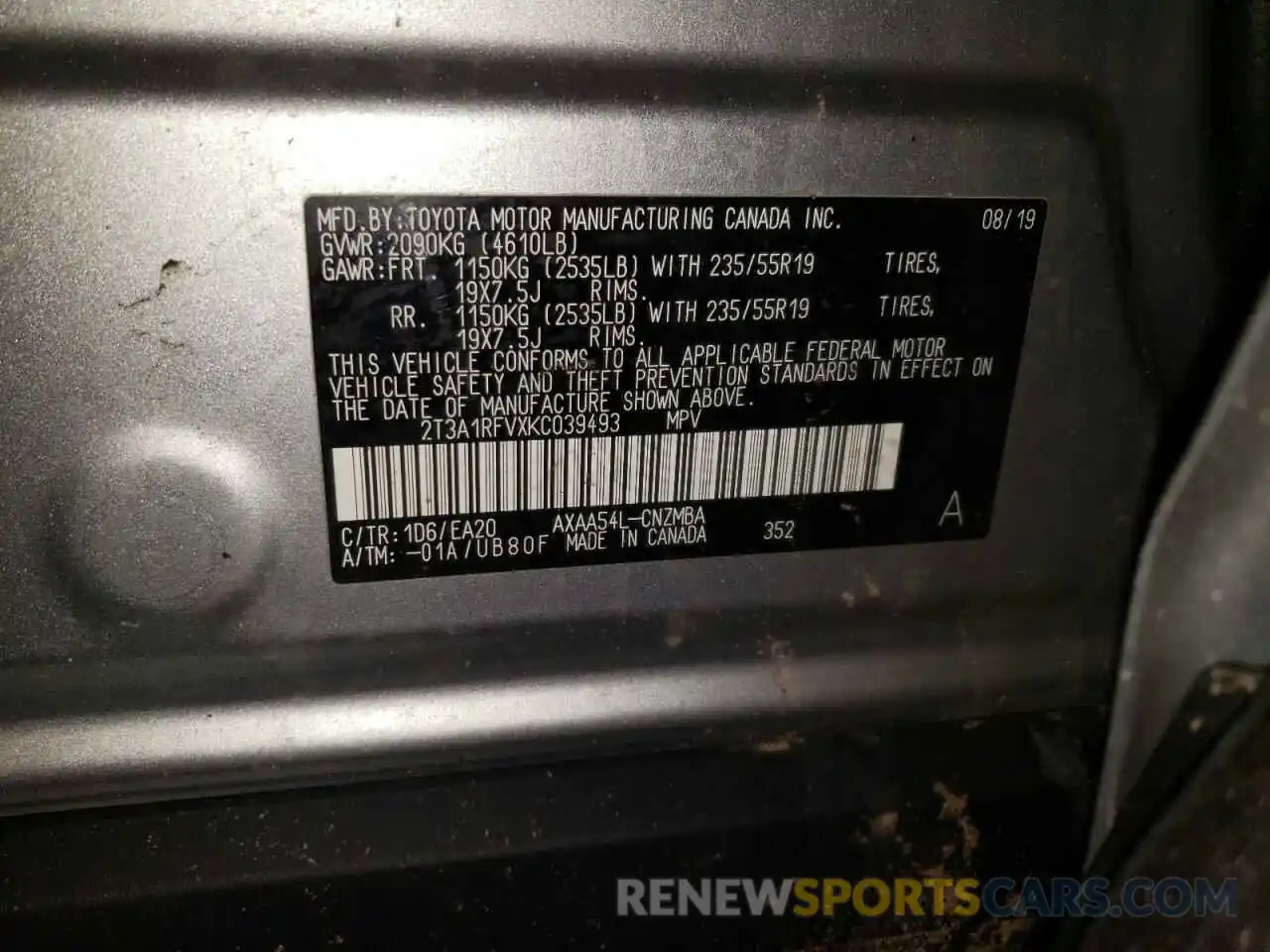 10 Photograph of a damaged car 2T3A1RFVXKC039493 TOYOTA RAV4 2019