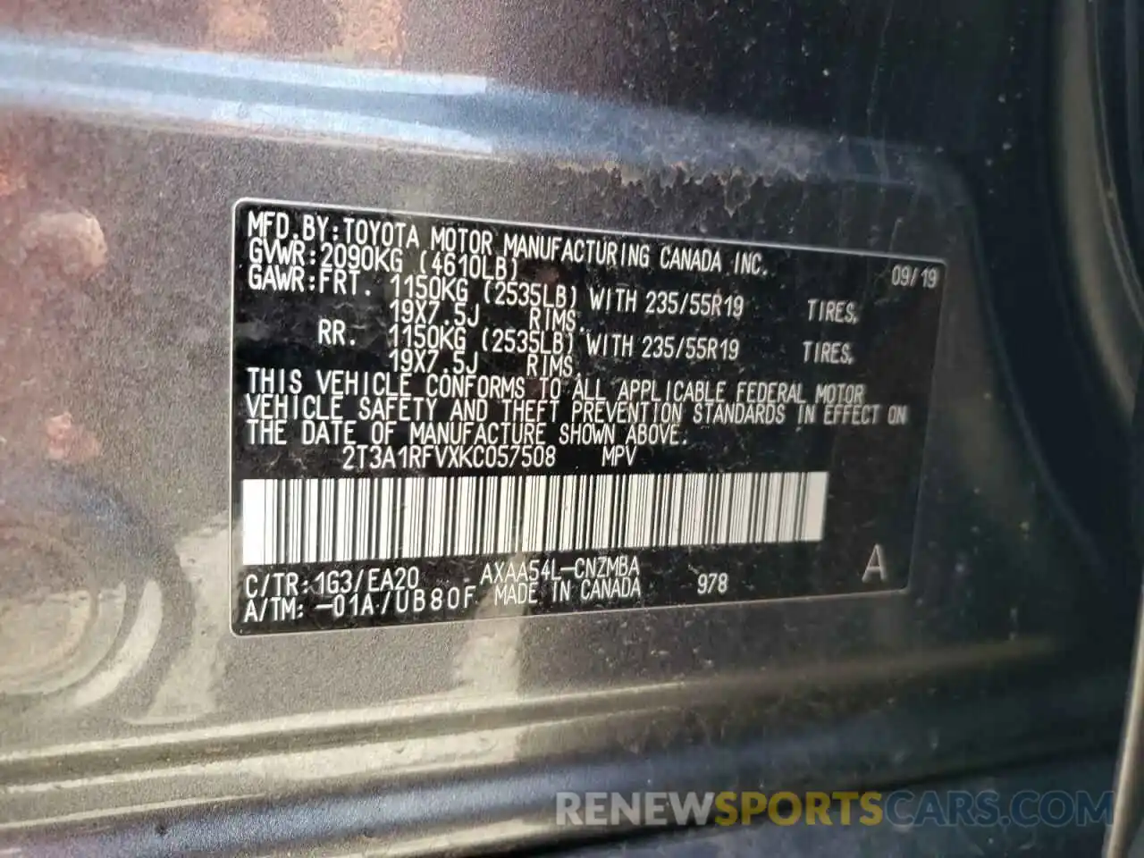 10 Photograph of a damaged car 2T3A1RFVXKC057508 TOYOTA RAV4 2019