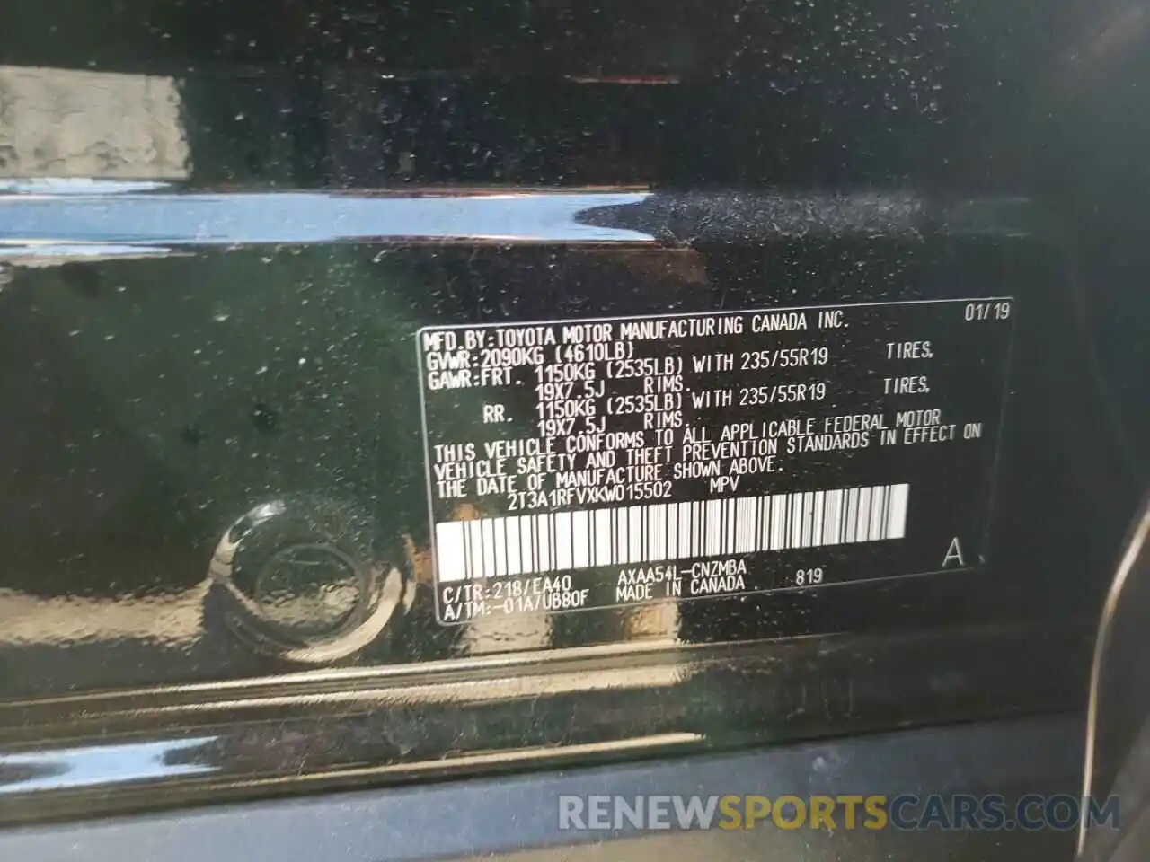 10 Photograph of a damaged car 2T3A1RFVXKW015502 TOYOTA RAV4 2019