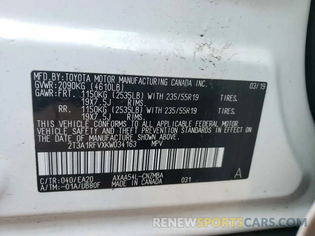 10 Photograph of a damaged car 2T3A1RFVXKW034163 TOYOTA RAV4 2019