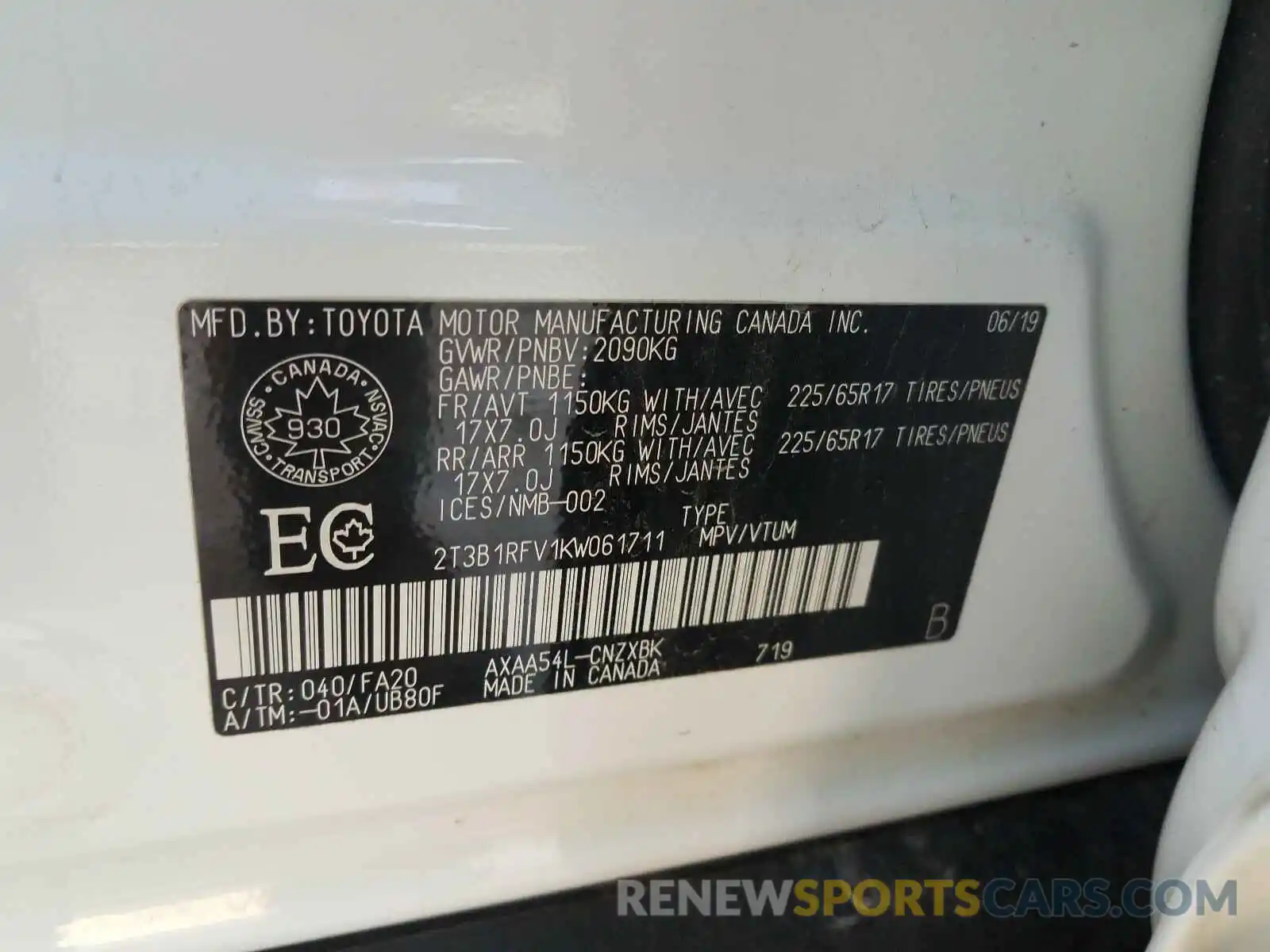 10 Photograph of a damaged car 2T3B1RFV1KW061711 TOYOTA RAV4 2019