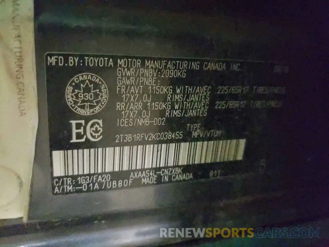 10 Photograph of a damaged car 2T3B1RFV2KC038455 TOYOTA RAV4 2019