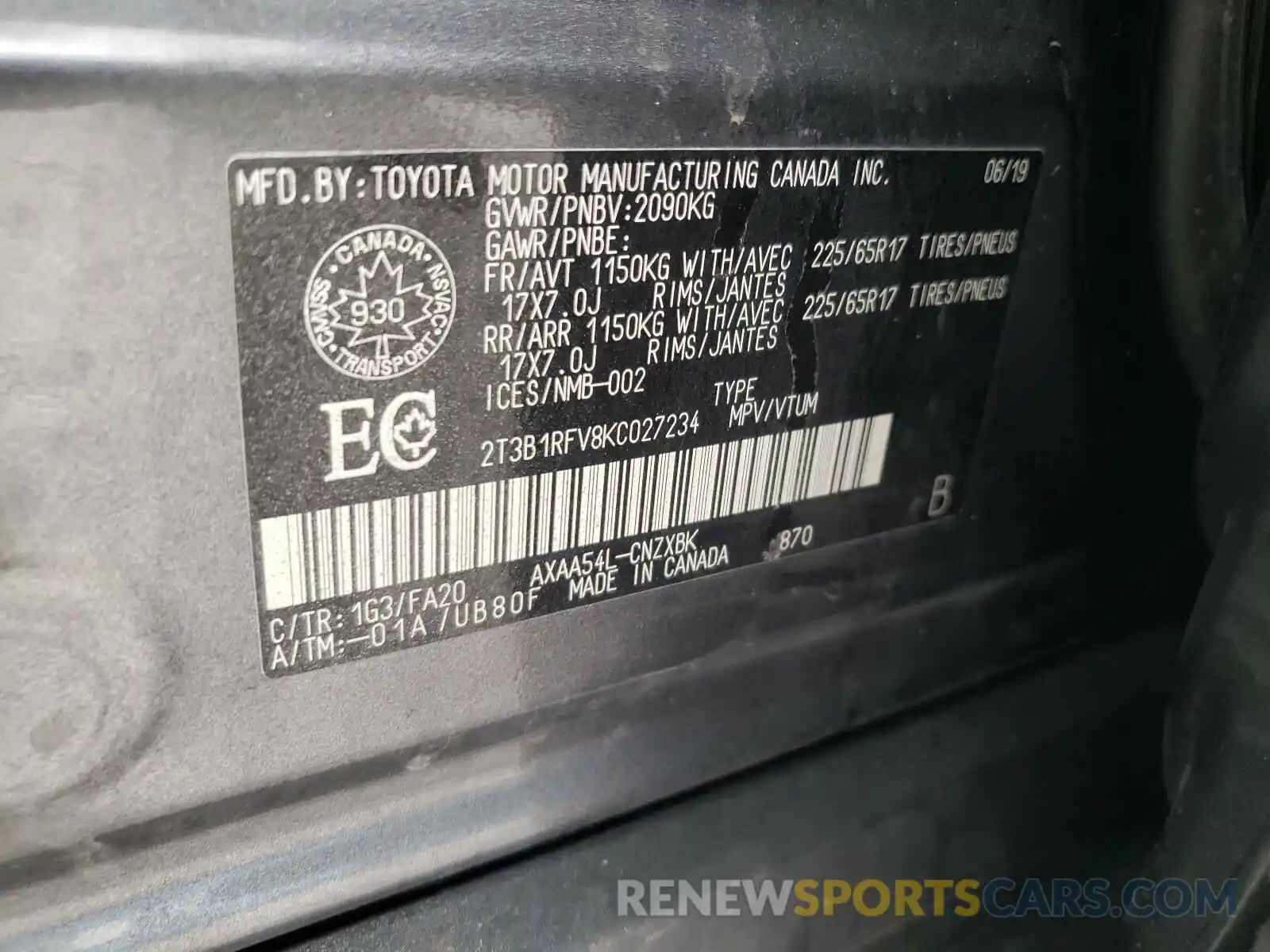 10 Фотография поврежденного автомобиля 2T3B1RFV8KC027234 TOYOTA RAV4 2019