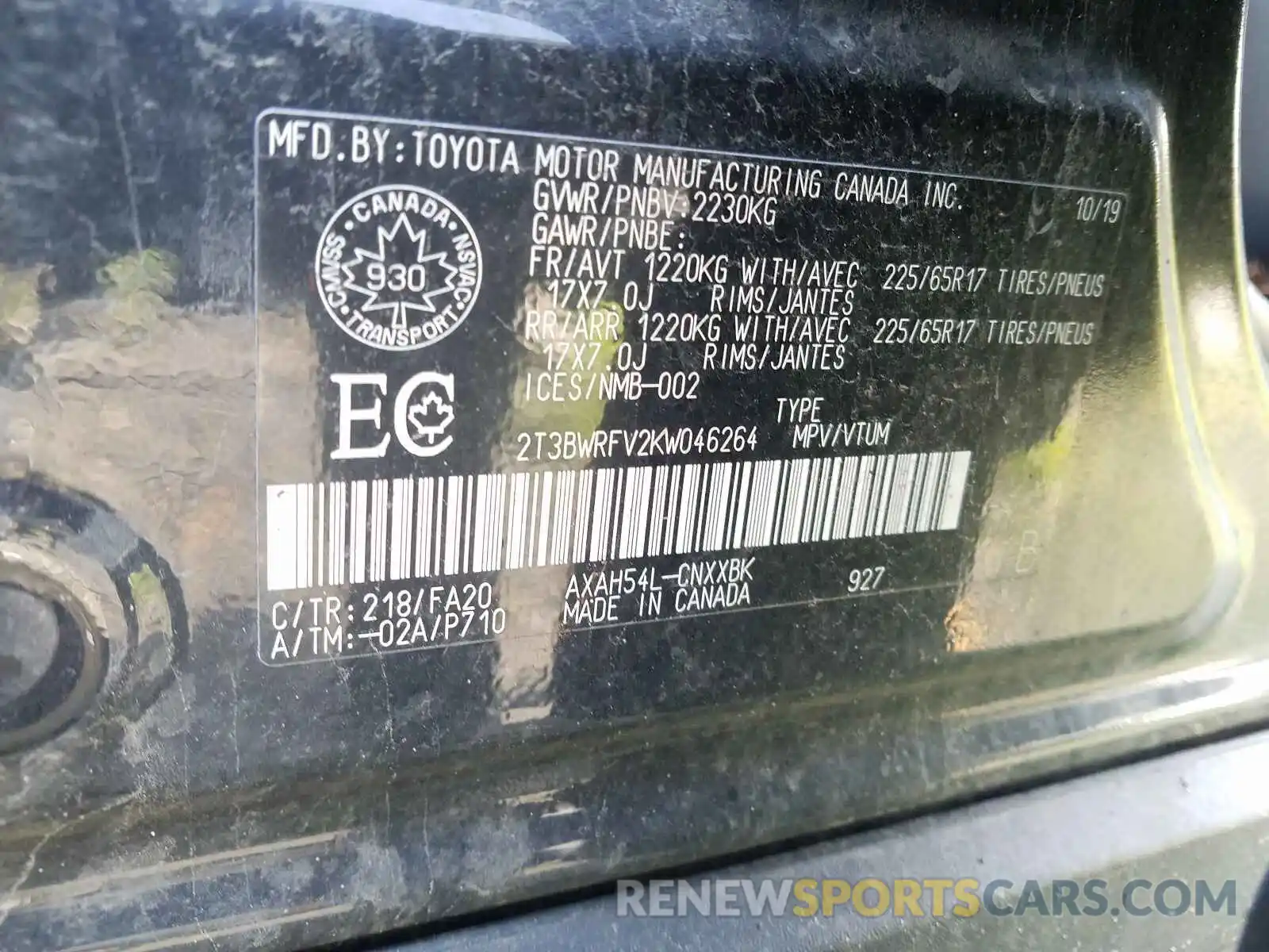 10 Photograph of a damaged car 2T3BWRFV2KW046264 TOYOTA RAV4 2019