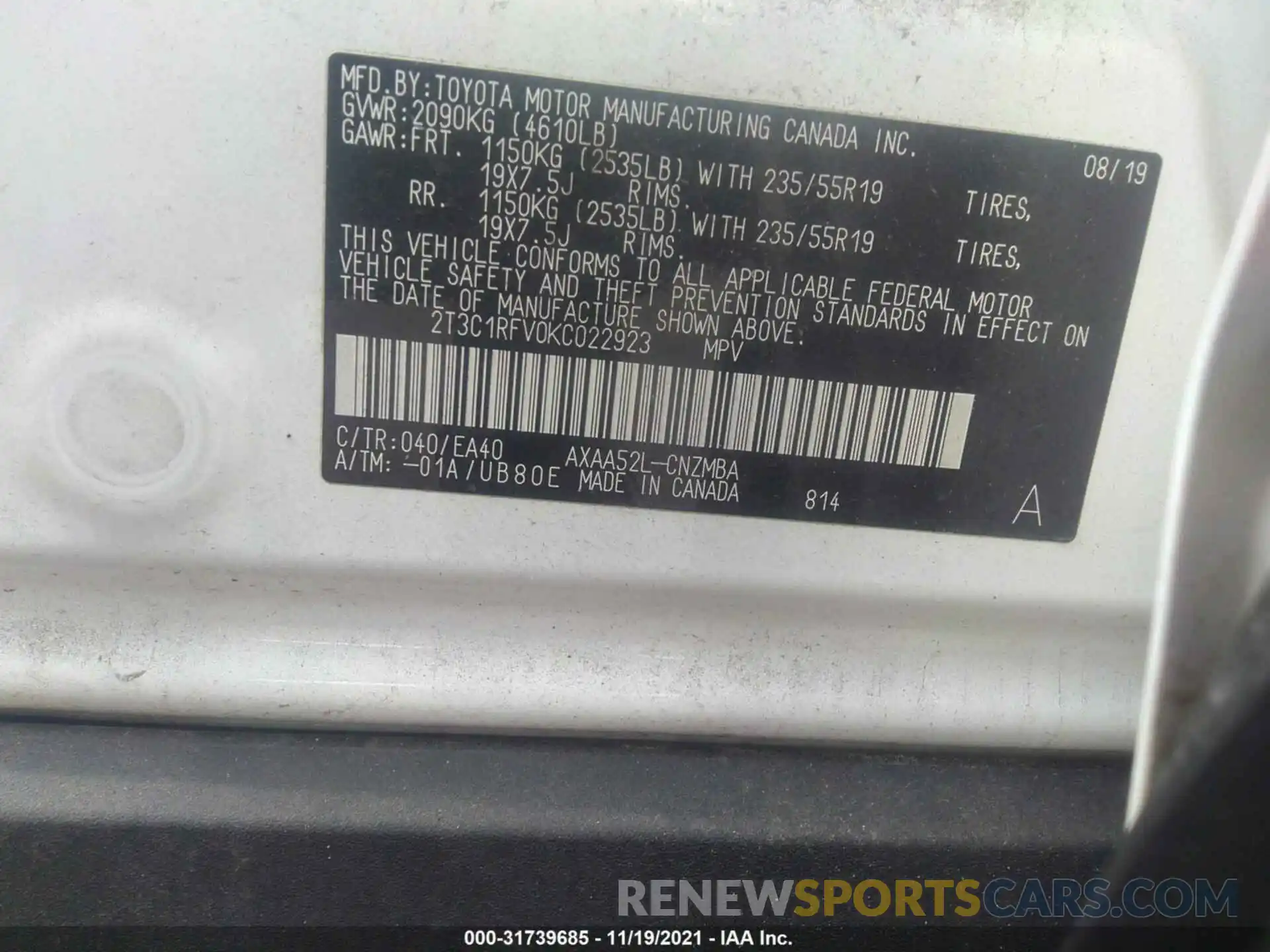 9 Фотография поврежденного автомобиля 2T3C1RFV0KC022923 TOYOTA RAV4 2019