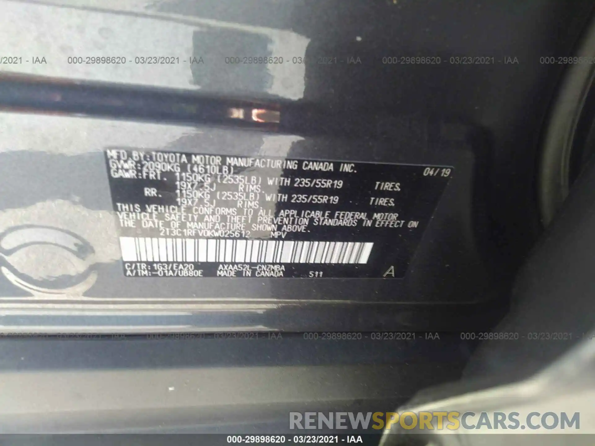 9 Photograph of a damaged car 2T3C1RFV0KW025612 TOYOTA RAV4 2019