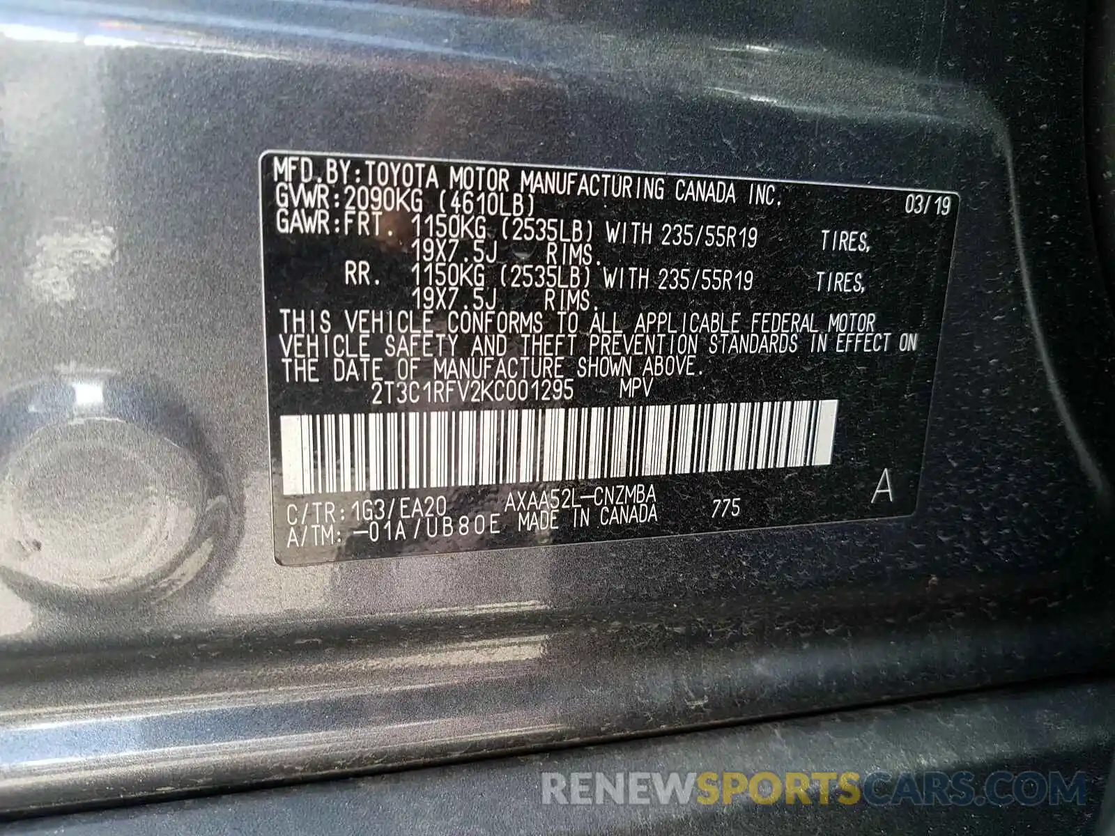 10 Фотография поврежденного автомобиля 2T3C1RFV2KC001295 TOYOTA RAV4 2019