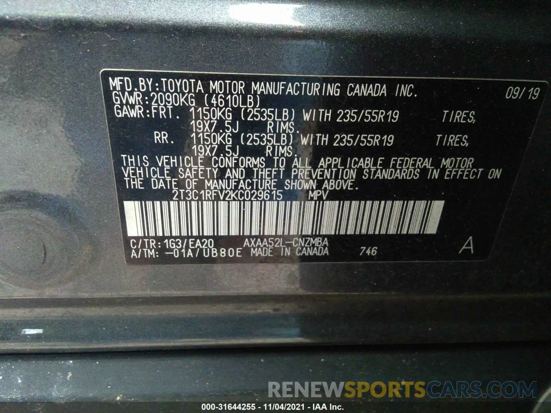 9 Фотография поврежденного автомобиля 2T3C1RFV2KC029615 TOYOTA RAV4 2019