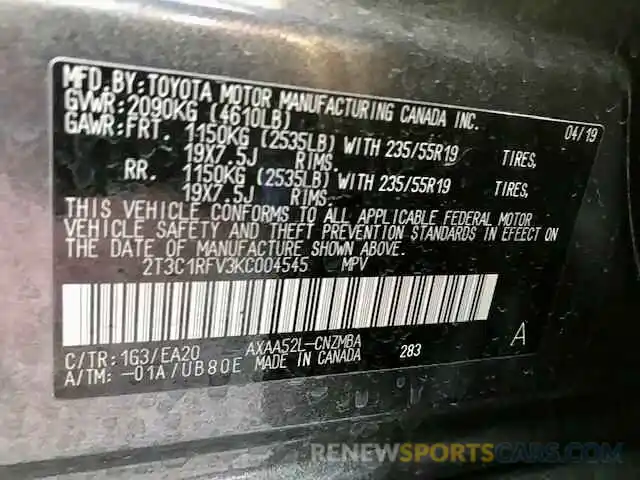 10 Фотография поврежденного автомобиля 2T3C1RFV3KC004545 TOYOTA RAV4 2019