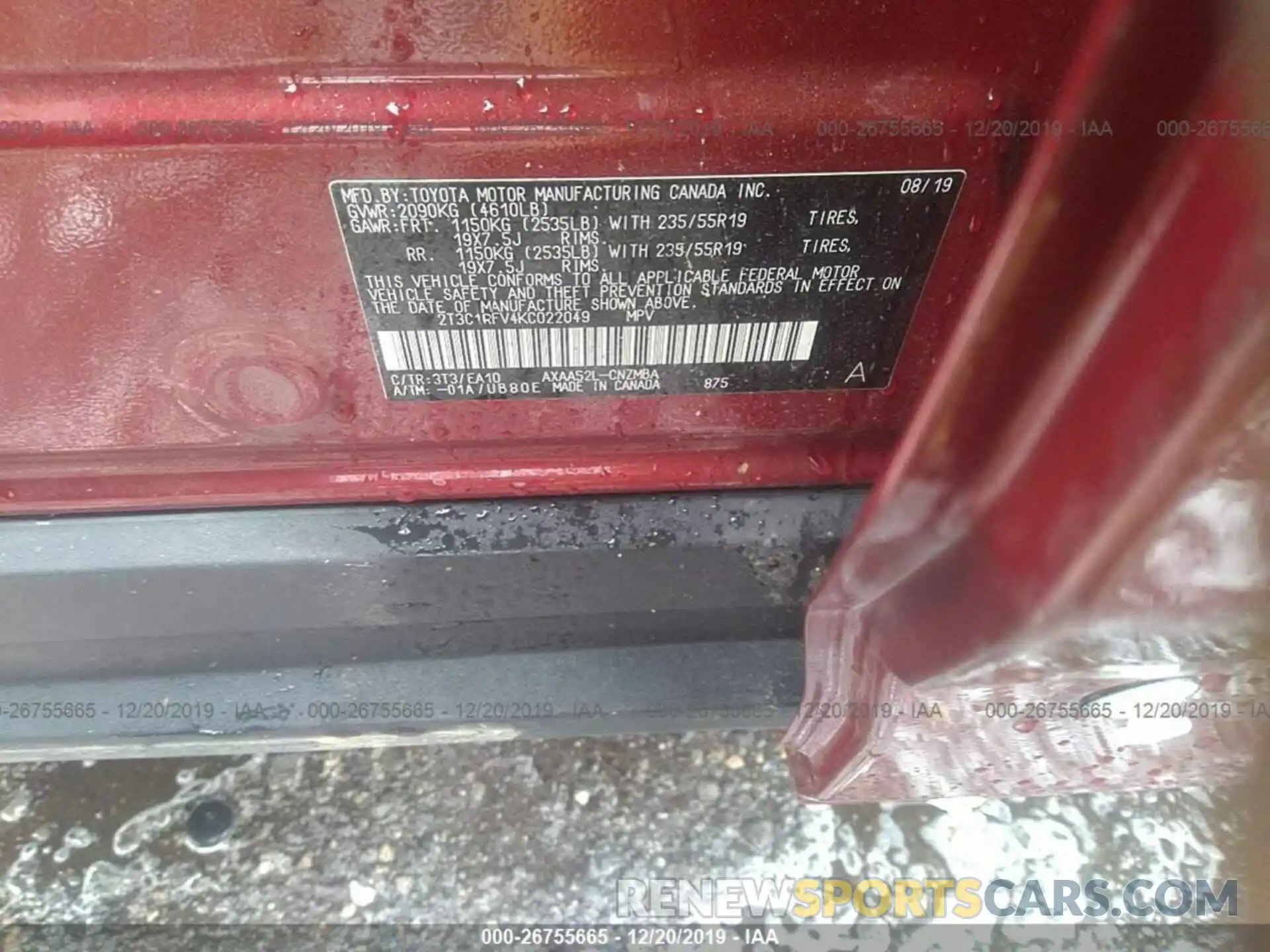 9 Photograph of a damaged car 2T3C1RFV4KC022049 TOYOTA RAV4 2019