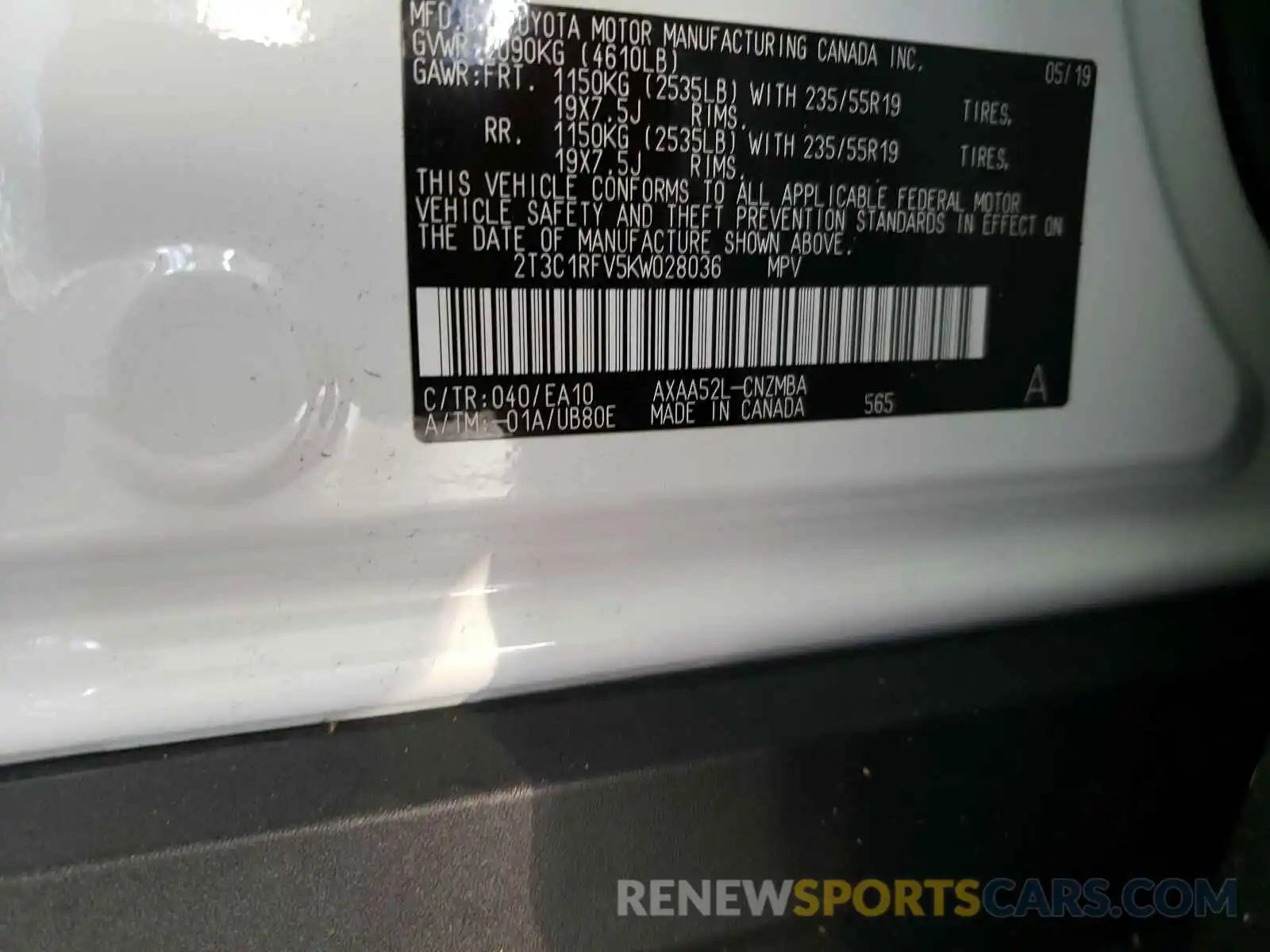 10 Photograph of a damaged car 2T3C1RFV5KW028036 TOYOTA RAV4 2019