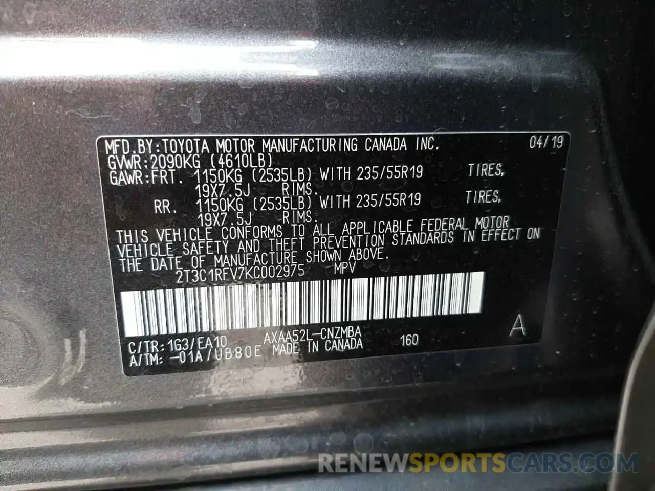 10 Photograph of a damaged car 2T3C1RFV7KC002975 TOYOTA RAV4 2019