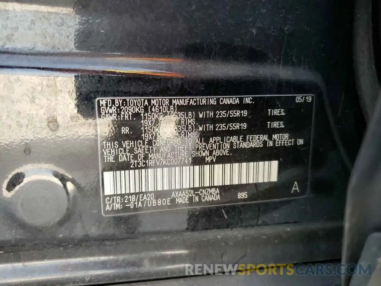 10 Photograph of a damaged car 2T3C1RFV7KC007741 TOYOTA RAV4 2019