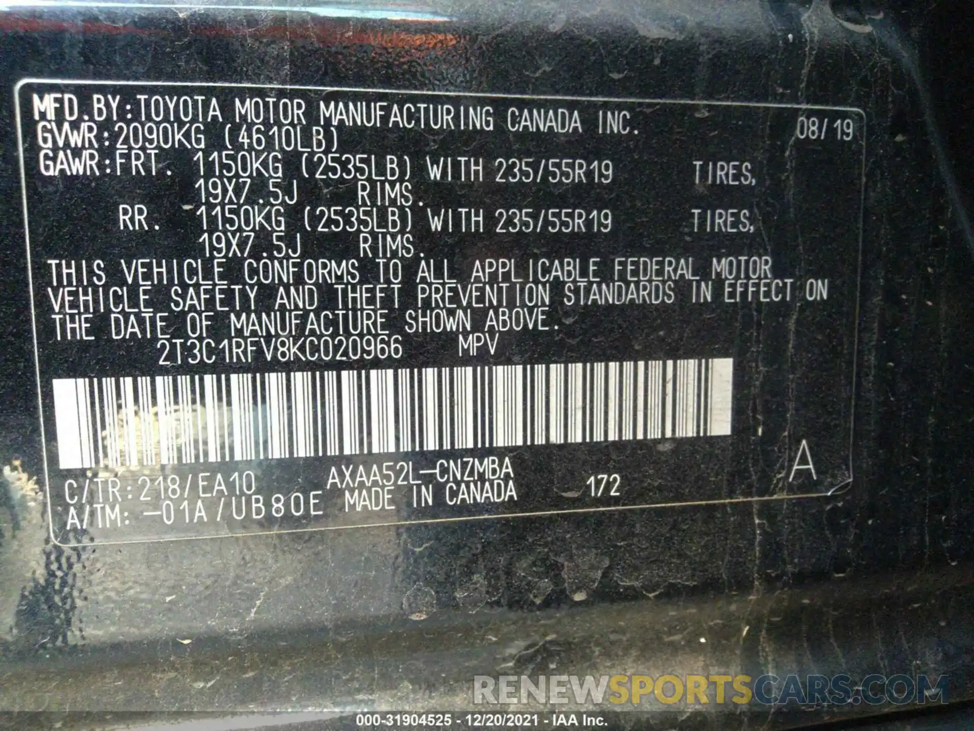 9 Фотография поврежденного автомобиля 2T3C1RFV8KC020966 TOYOTA RAV4 2019