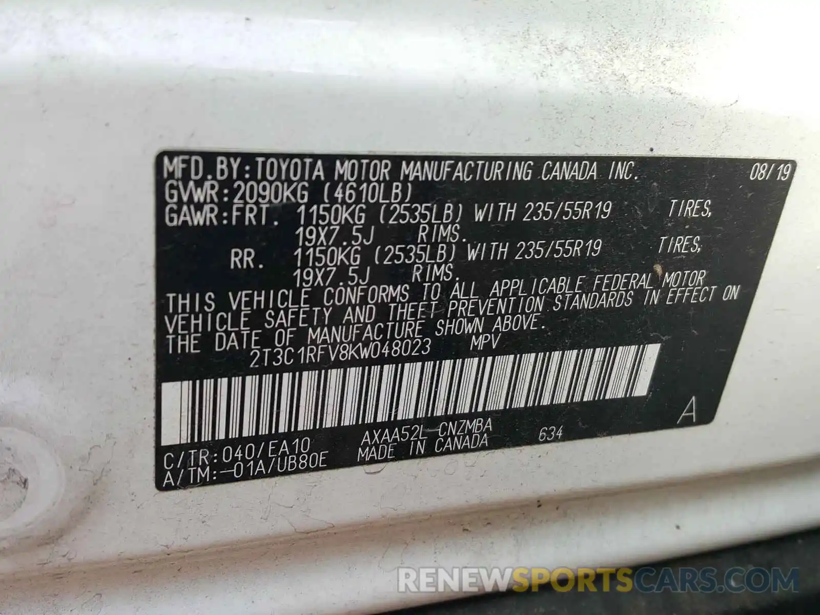 10 Photograph of a damaged car 2T3C1RFV8KW048023 TOYOTA RAV4 2019