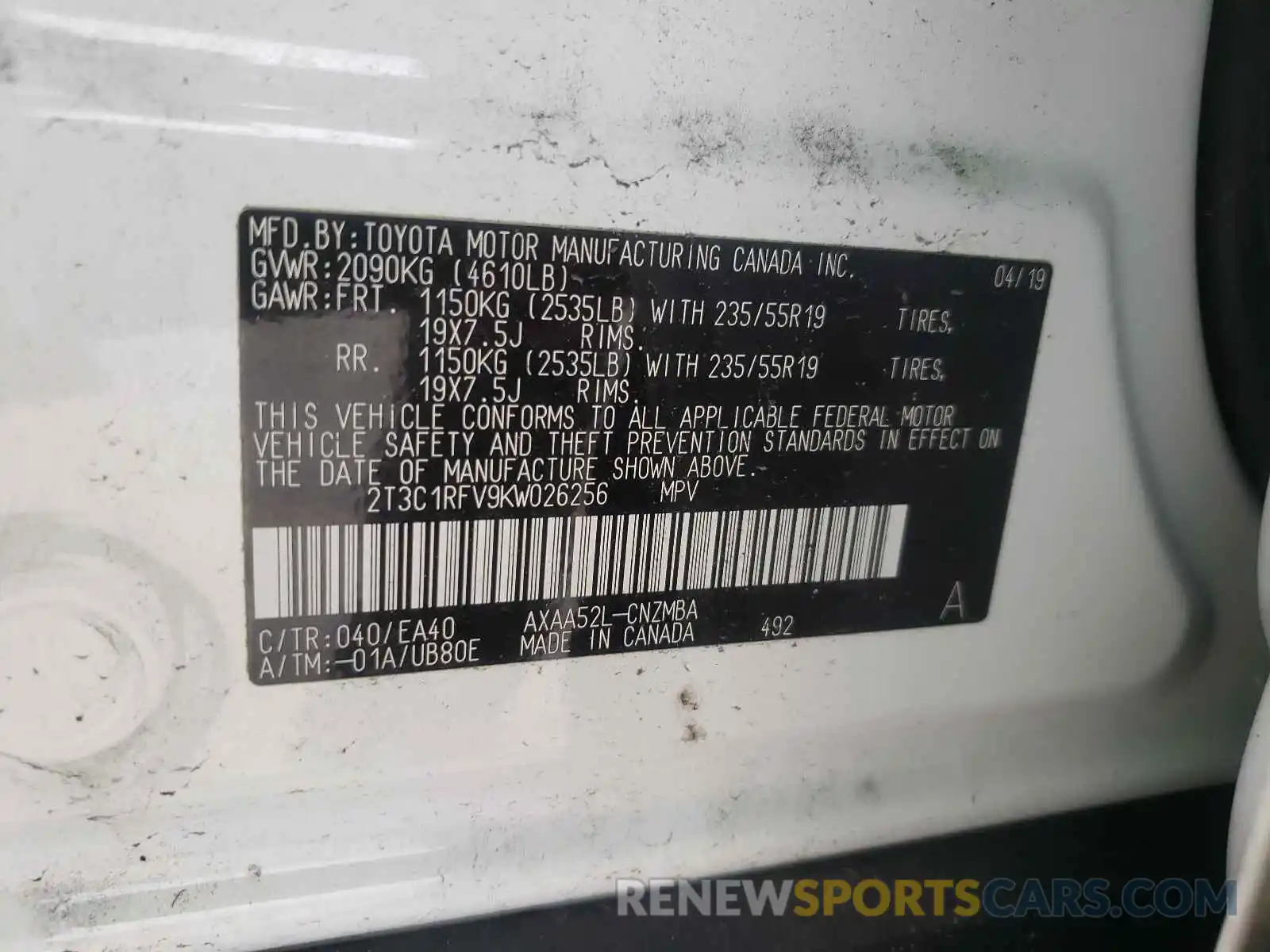 10 Photograph of a damaged car 2T3C1RFV9KW026256 TOYOTA RAV4 2019