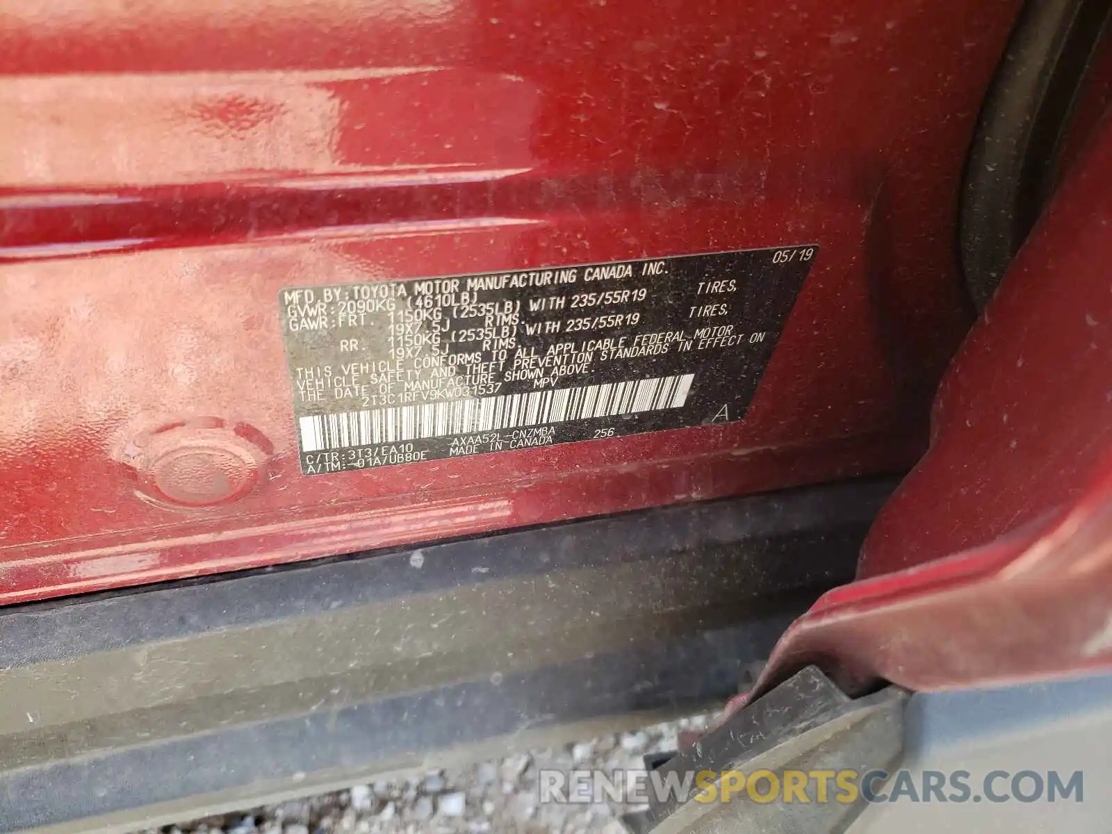 10 Photograph of a damaged car 2T3C1RFV9KW031537 TOYOTA RAV4 2019