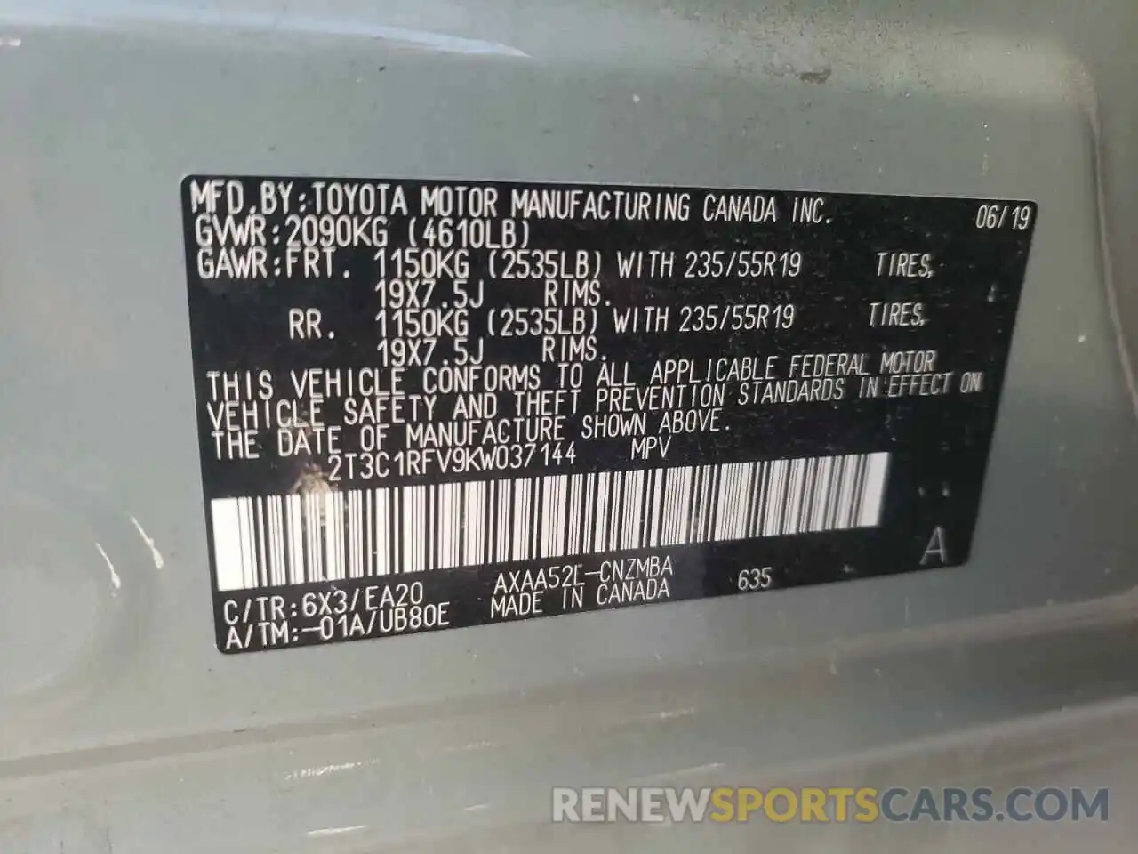 10 Photograph of a damaged car 2T3C1RFV9KW037144 TOYOTA RAV4 2019