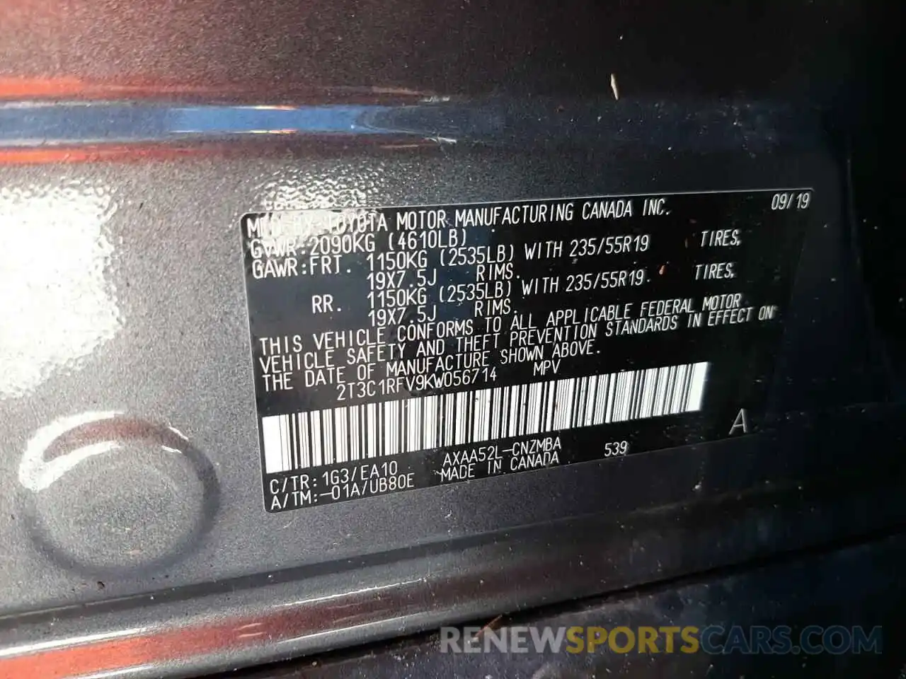 10 Photograph of a damaged car 2T3C1RFV9KW056714 TOYOTA RAV4 2019