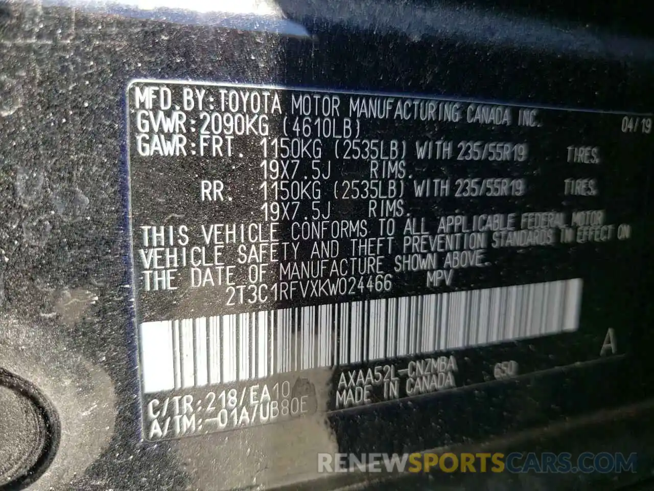 10 Фотография поврежденного автомобиля 2T3C1RFVXKW024466 TOYOTA RAV4 2019