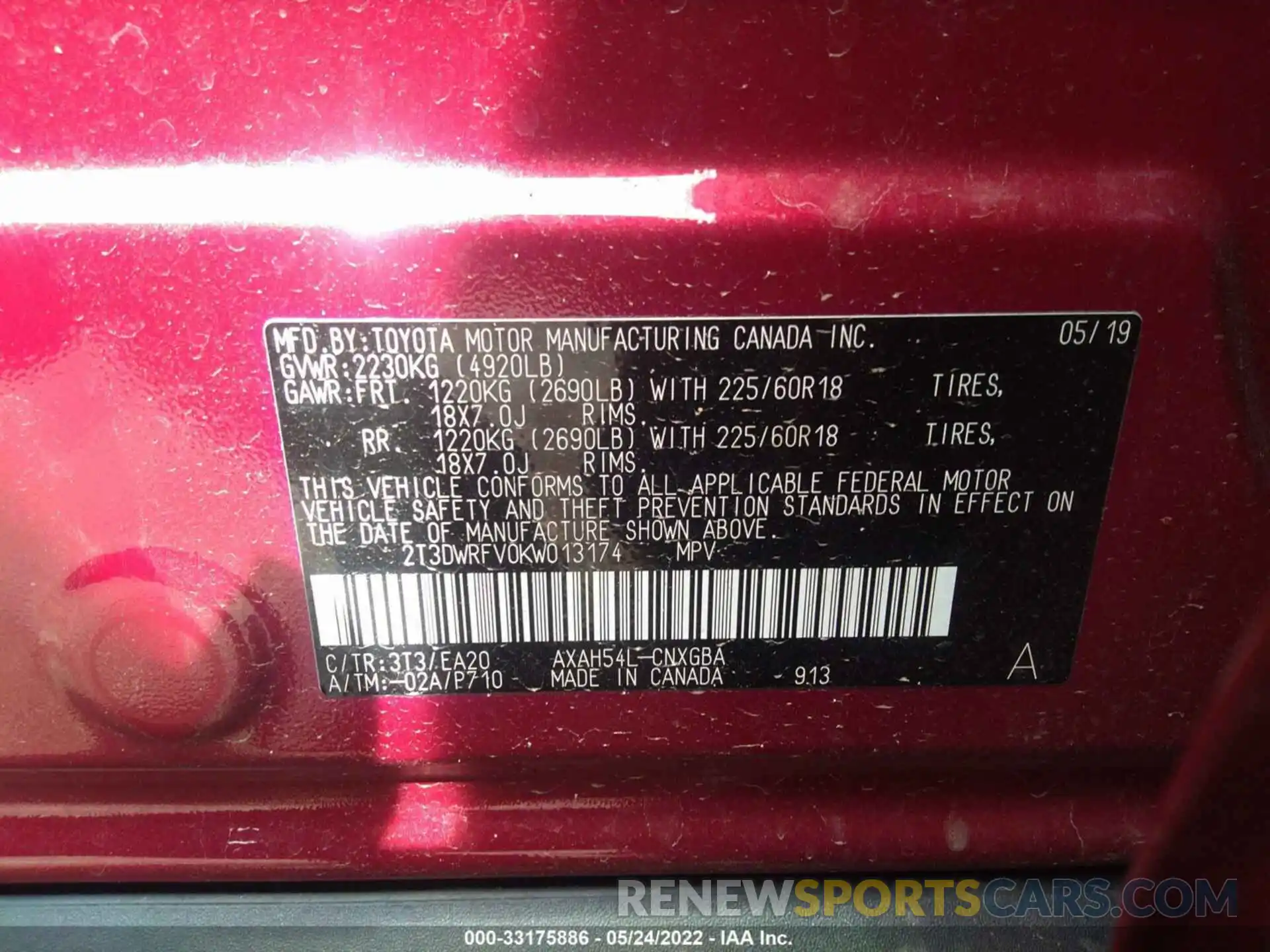 9 Photograph of a damaged car 2T3DWRFV0KW013174 TOYOTA RAV4 2019